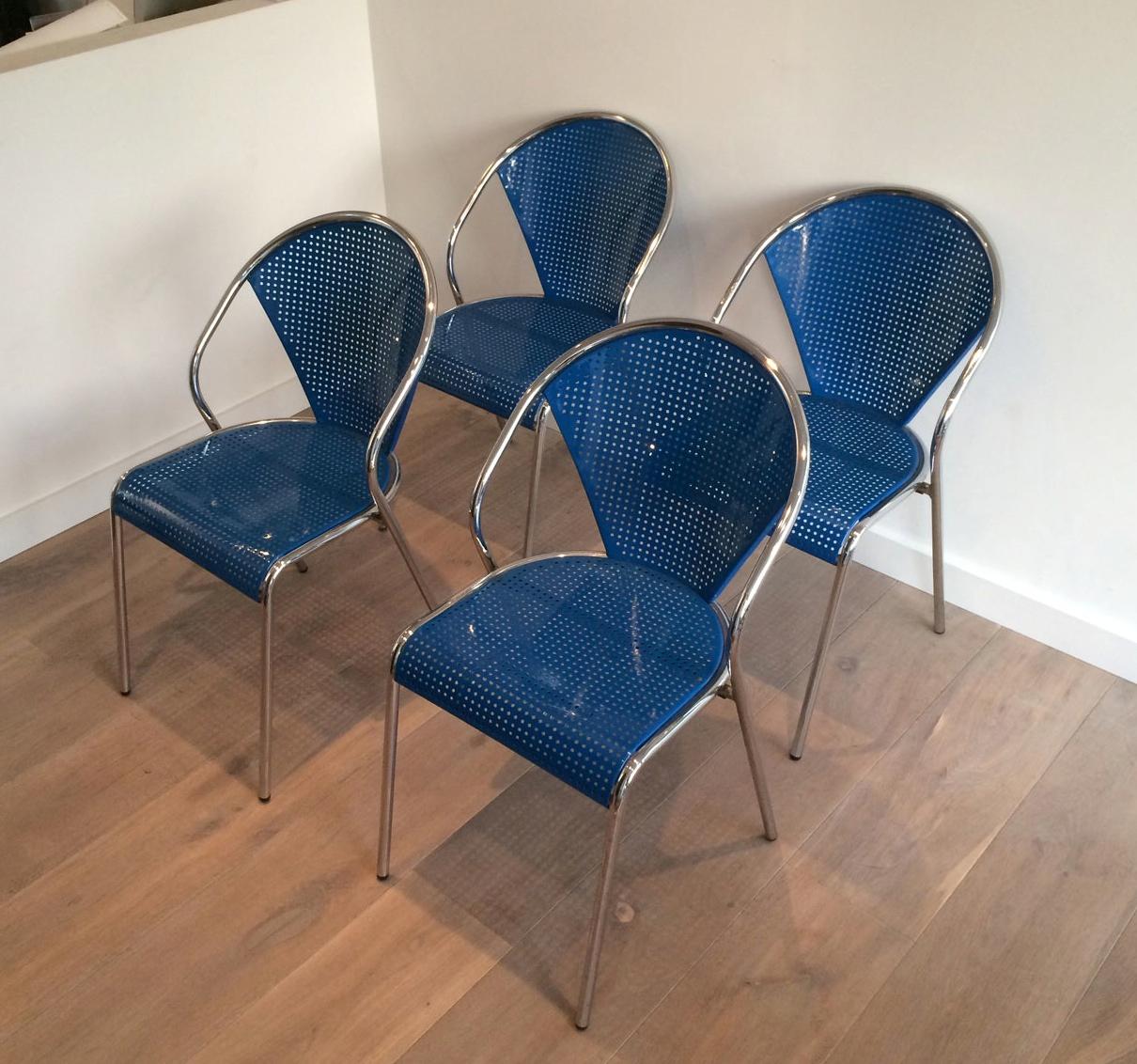 Set of 4 Chrome and Blue Lacquered Perfored Metal Chairs For Sale 2