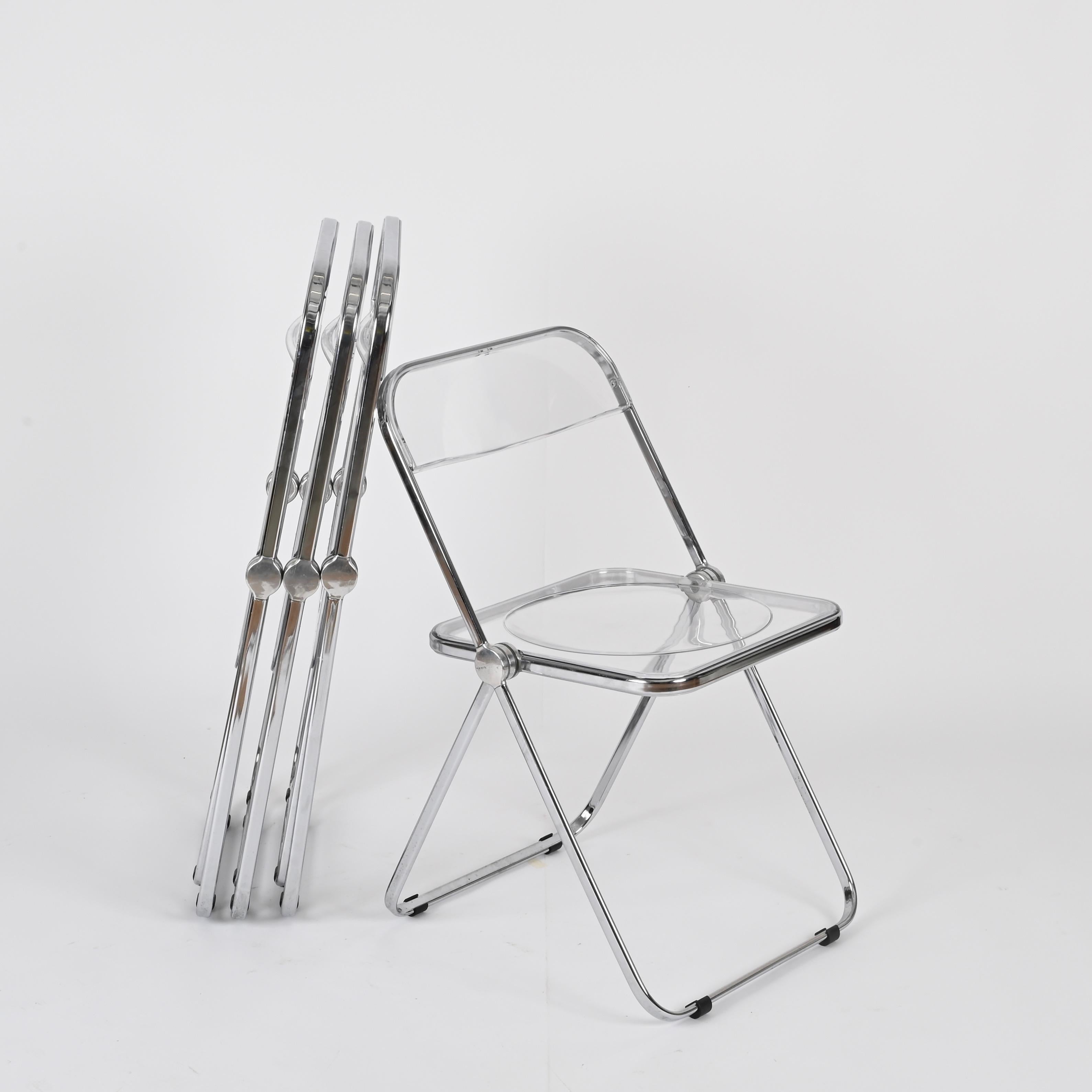 Steel Set of 4 Chrome and Clear Lucite Plia Folding Chairs by Anonima Castelli, Italy For Sale