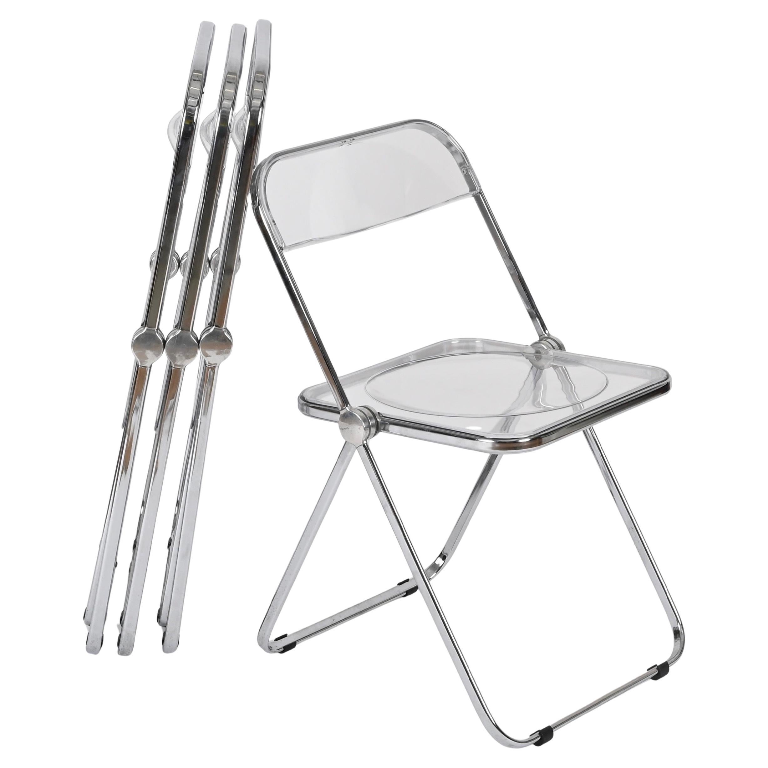 Set of 4 Chrome and Clear Lucite Plia Folding Chairs by Anonima Castelli, Italy For Sale