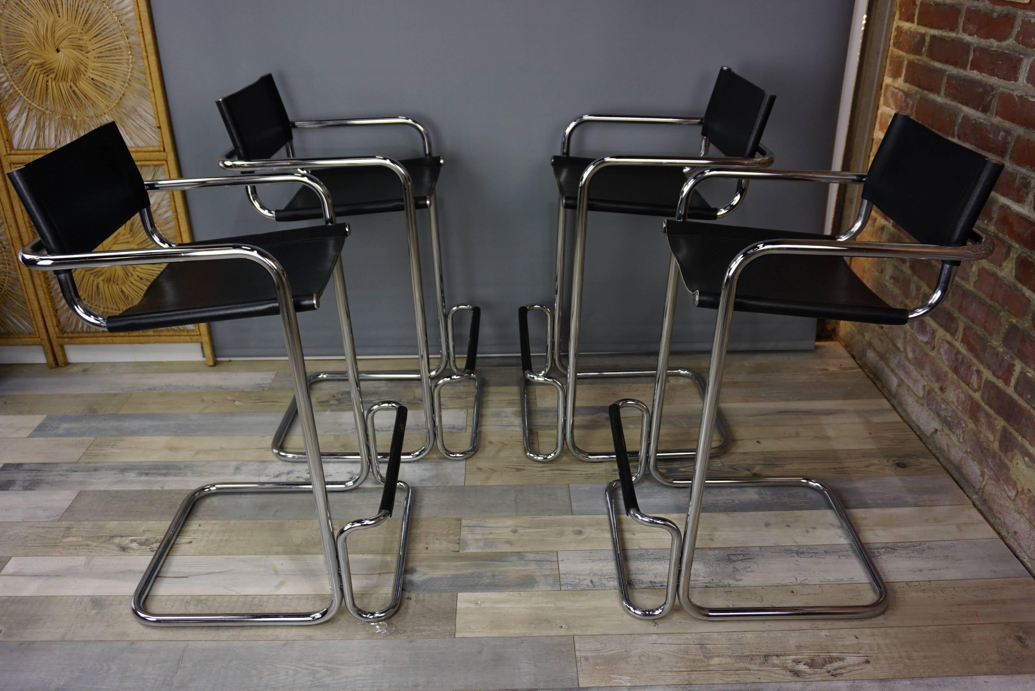 Set of Four Chrome and Leather Bar Stools Mart Stam Bauhaus Design 2
