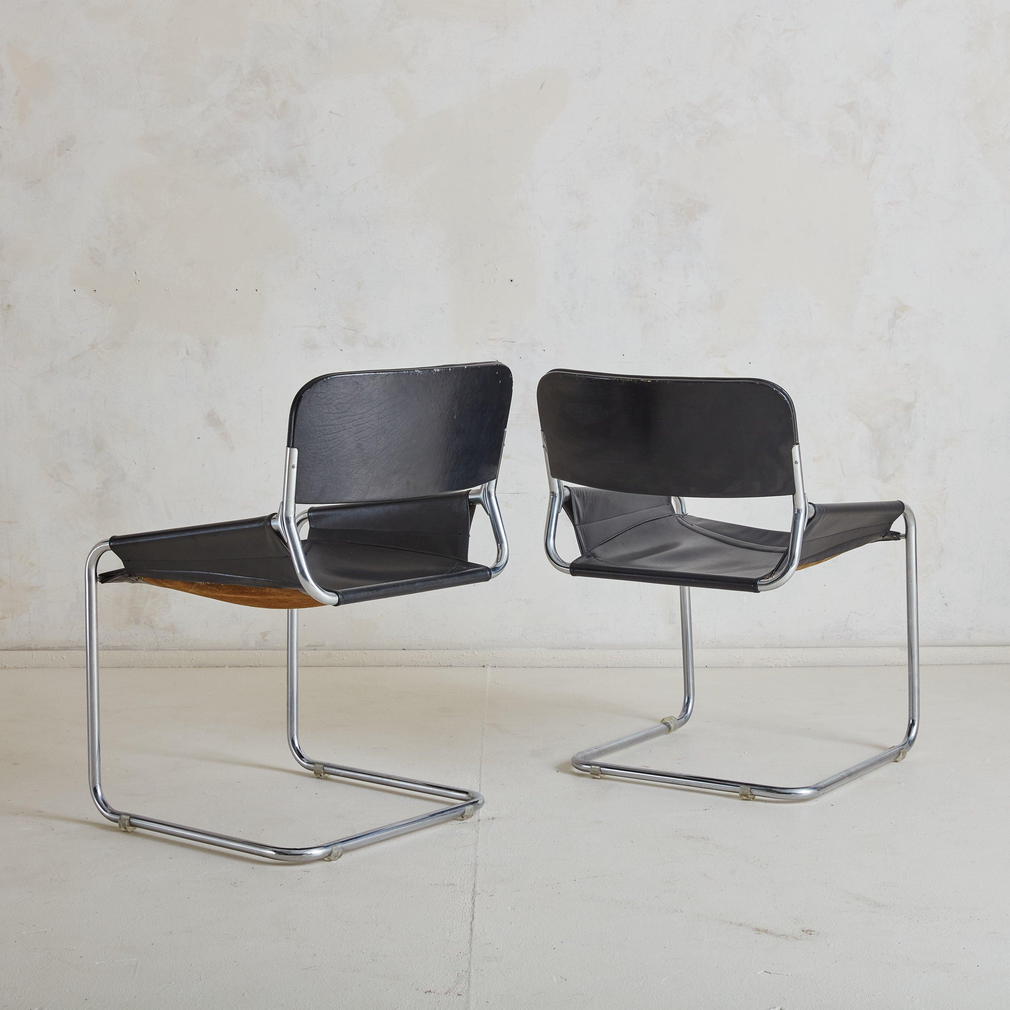 Italian Set of 4 Chrome + Black Leather Cantilever Chairs, Italy 1970s For Sale