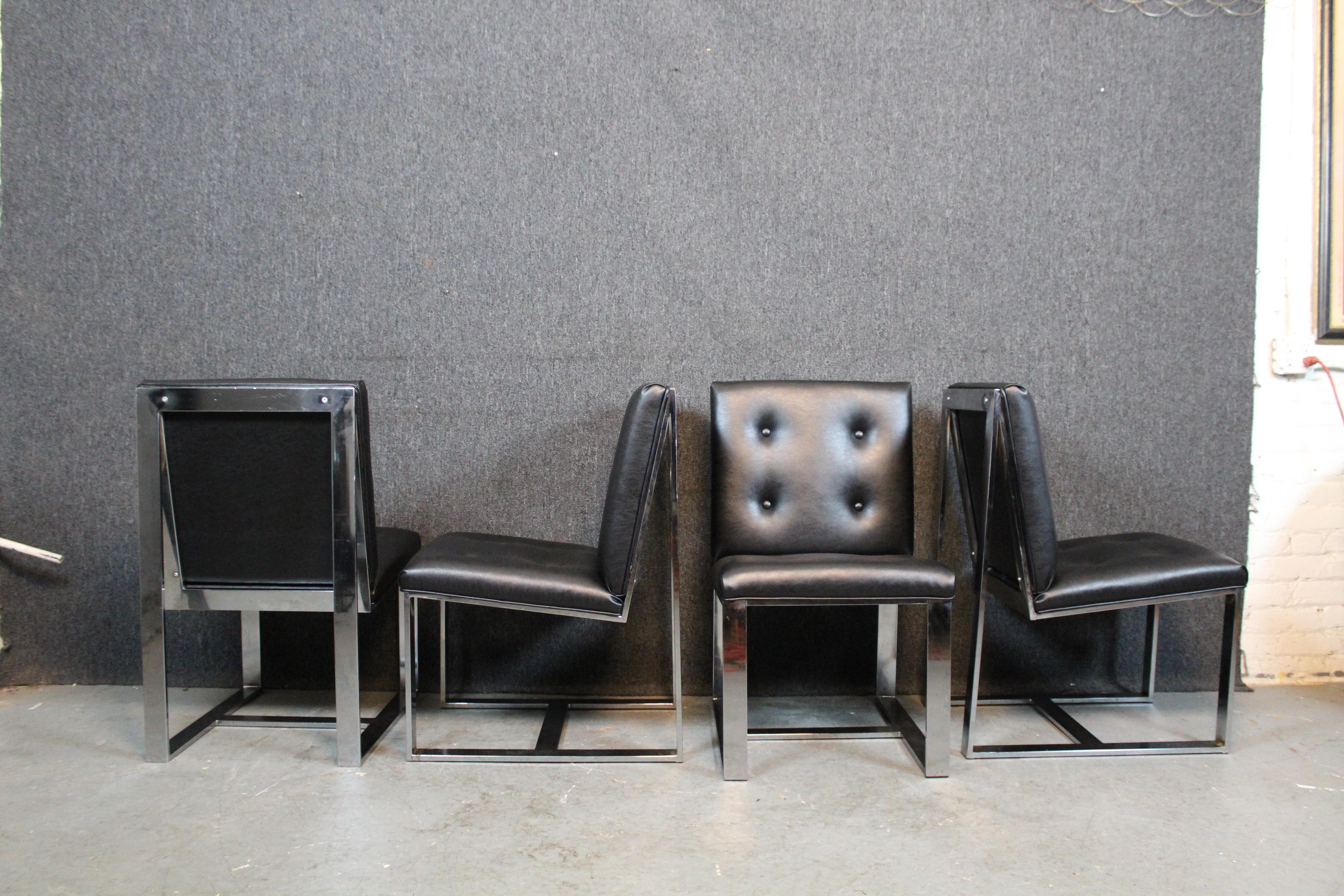 Don't miss out on your chance to take home a rare & robust set of vintage dining chairs designed by American Mid-Century Modern master Milo Baughman for the world-renowned Thayer Coggin furniture brand. These heavy-duty chairs feature an