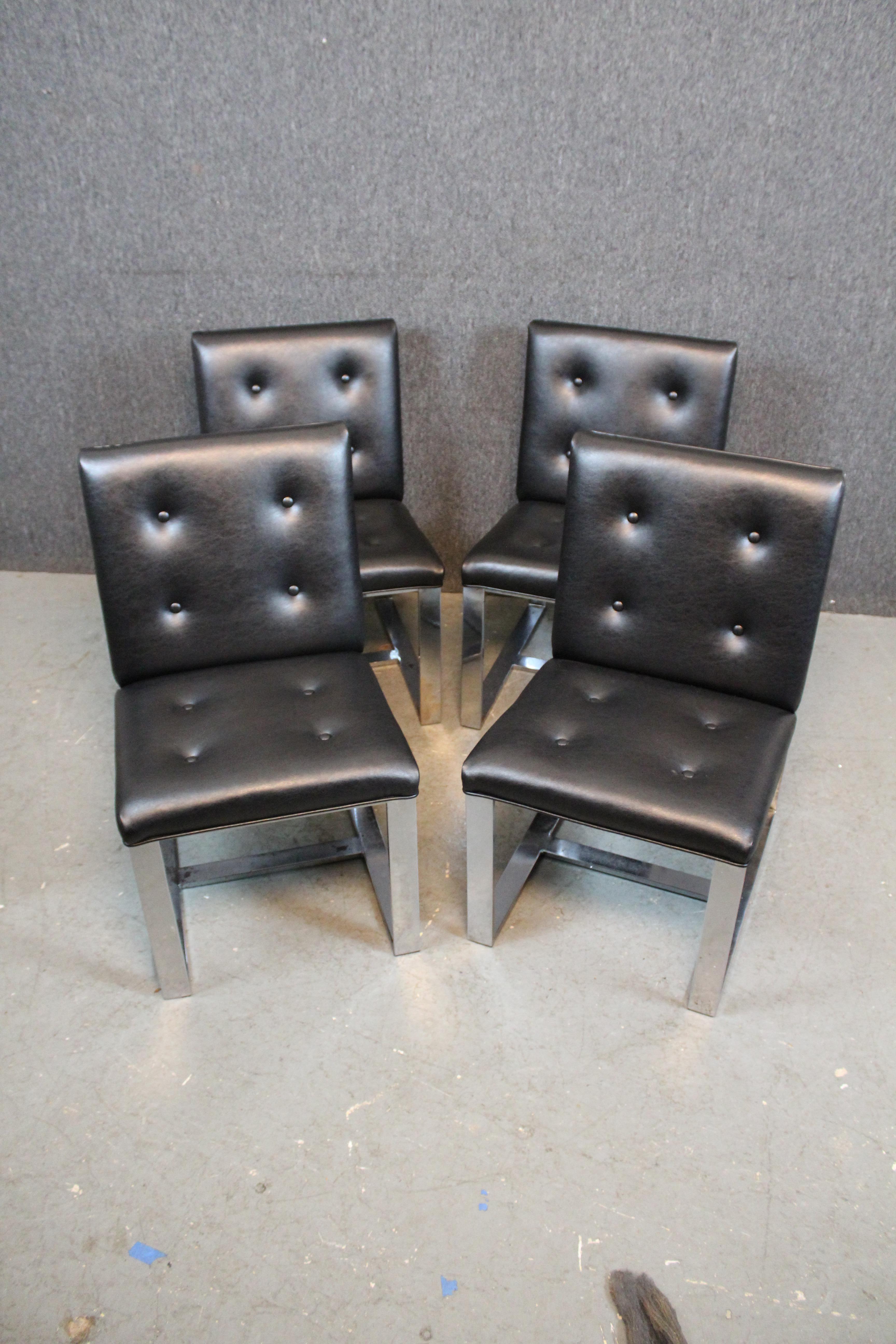 20th Century Set of 4 Chrome Flat Bar Dining Chairs by Milo Baughman for Thayer Coggin For Sale