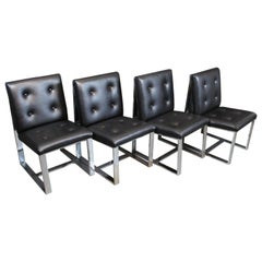 Set of 4 Chrome Flat Bar Dining Chairs by Milo Baughman for Thayer Coggin