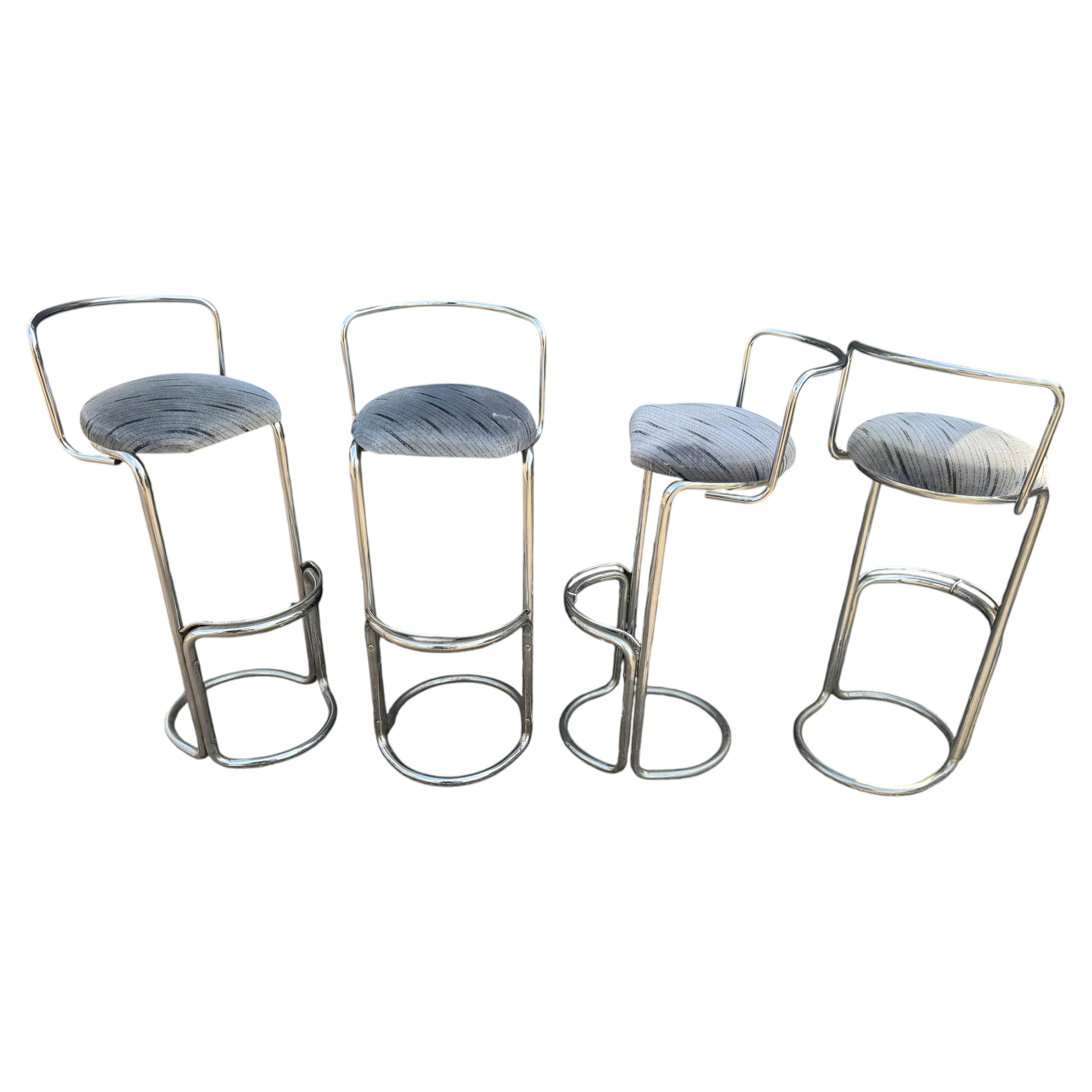 Set of 4 Chrome Luis Sognot Style Cantilever Barstools
