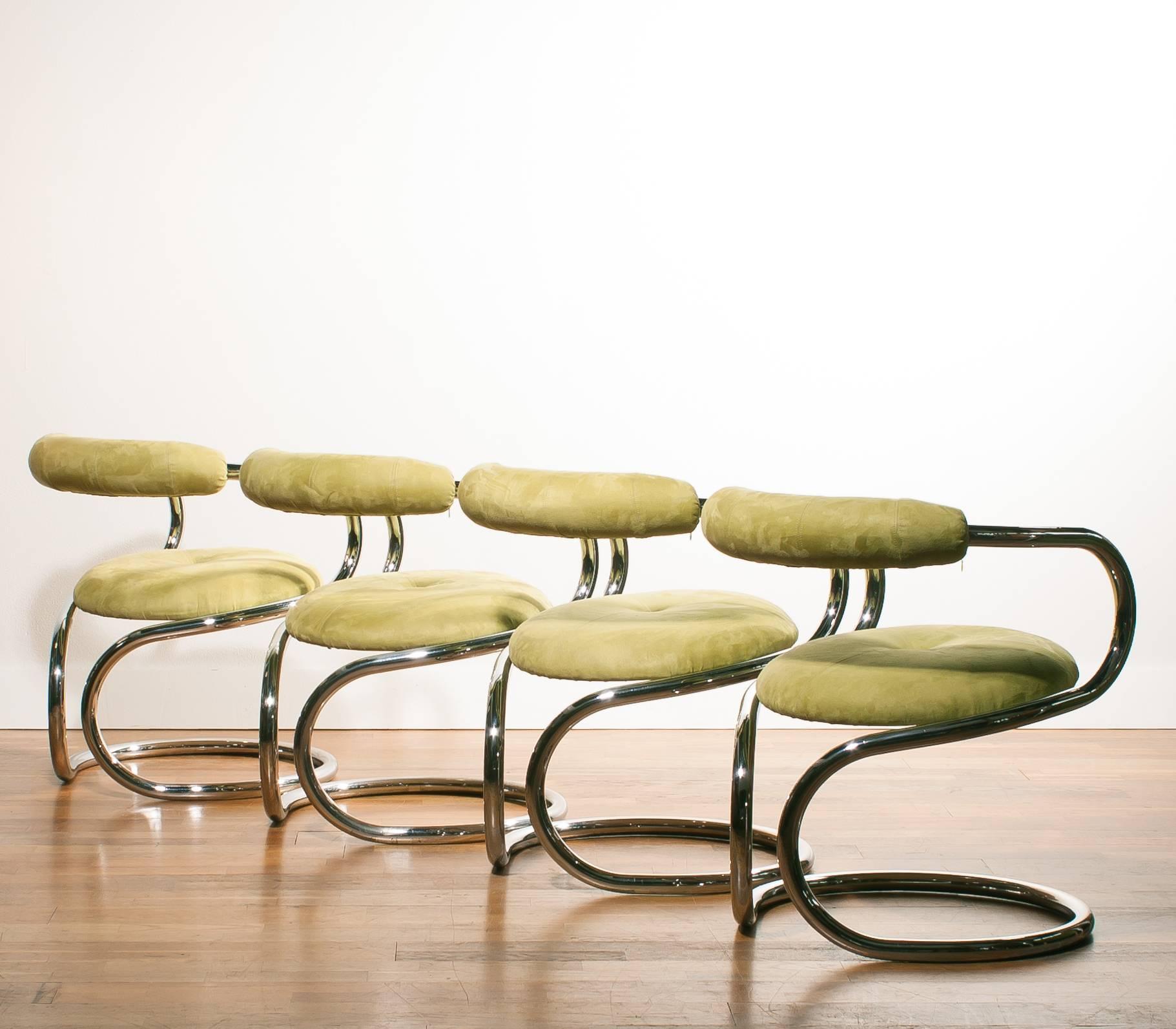 Late 20th Century Set Of 4 Chrome Tubular With Alcantara Upholstered Tecnosalotto Dining Chairs