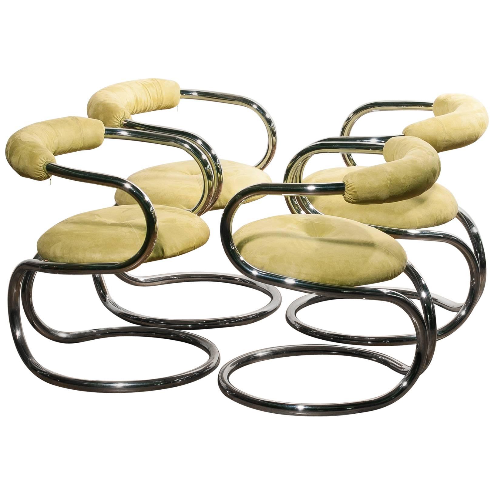 Set Of 4 Chrome Tubular With Alcantara Upholstered Tecnosalotto Dining Chairs