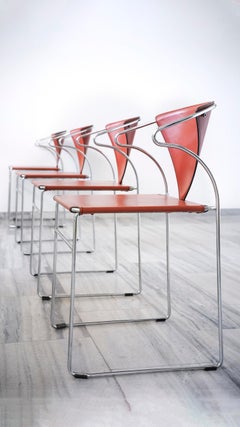 Set of 4 chromed steel and leather chairs, Arran 1980s