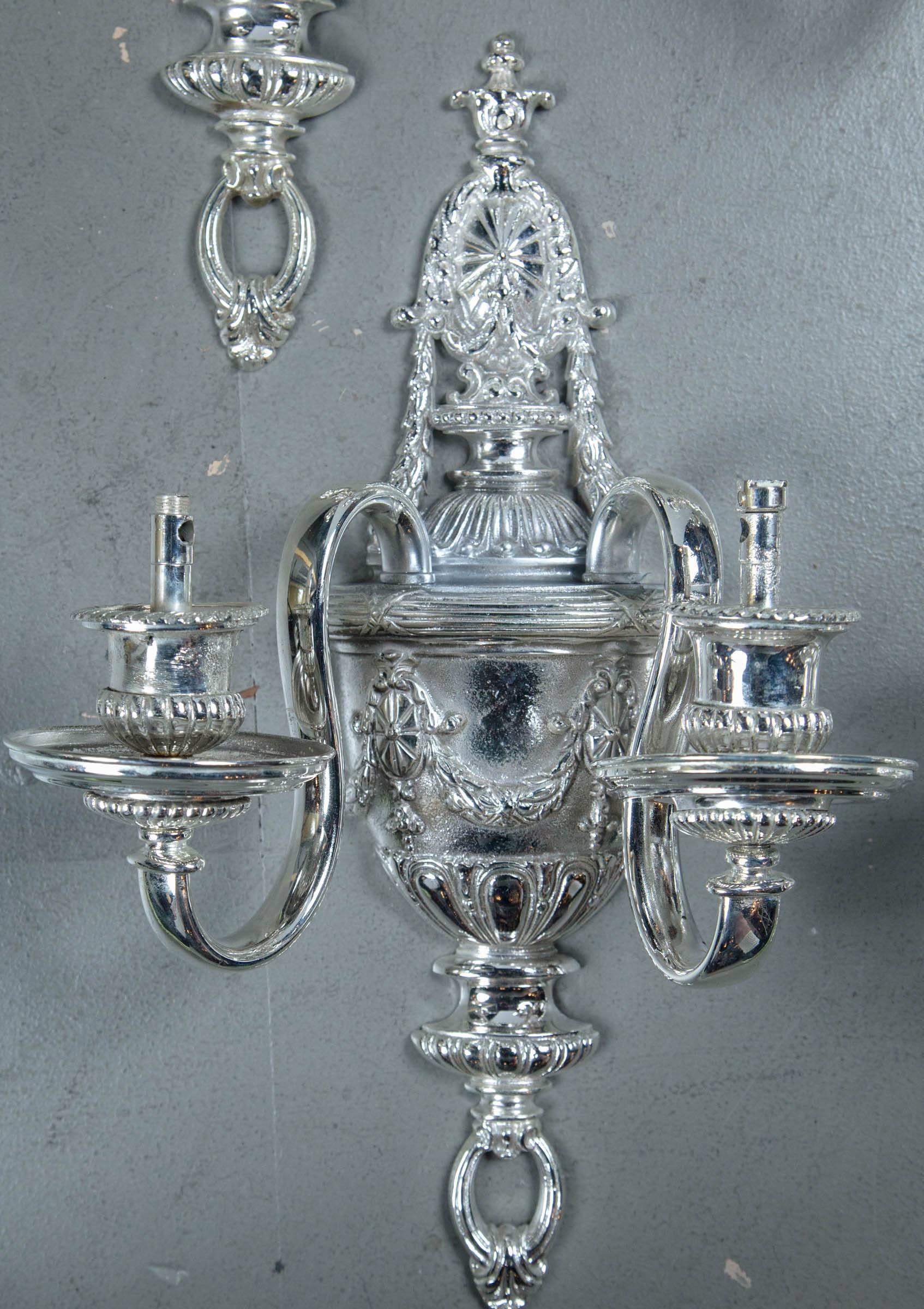 Set of Four circa 1920 Silver Plated Sconces In Excellent Condition For Sale In Stamford, CT