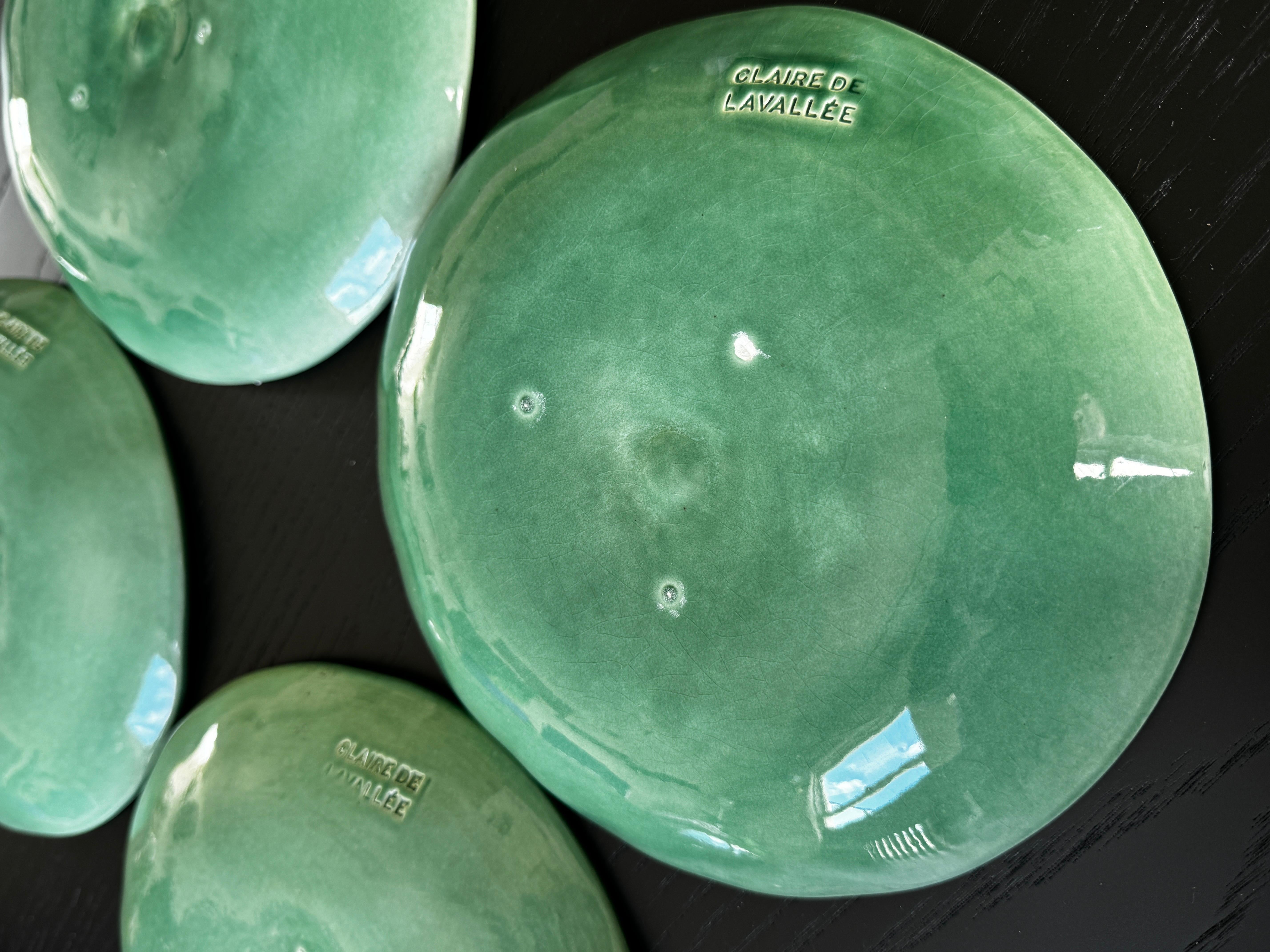 Set of 4 Claire de Lavallée Green Ceramic Salad Plates In Excellent Condition For Sale In San Francisco, CA