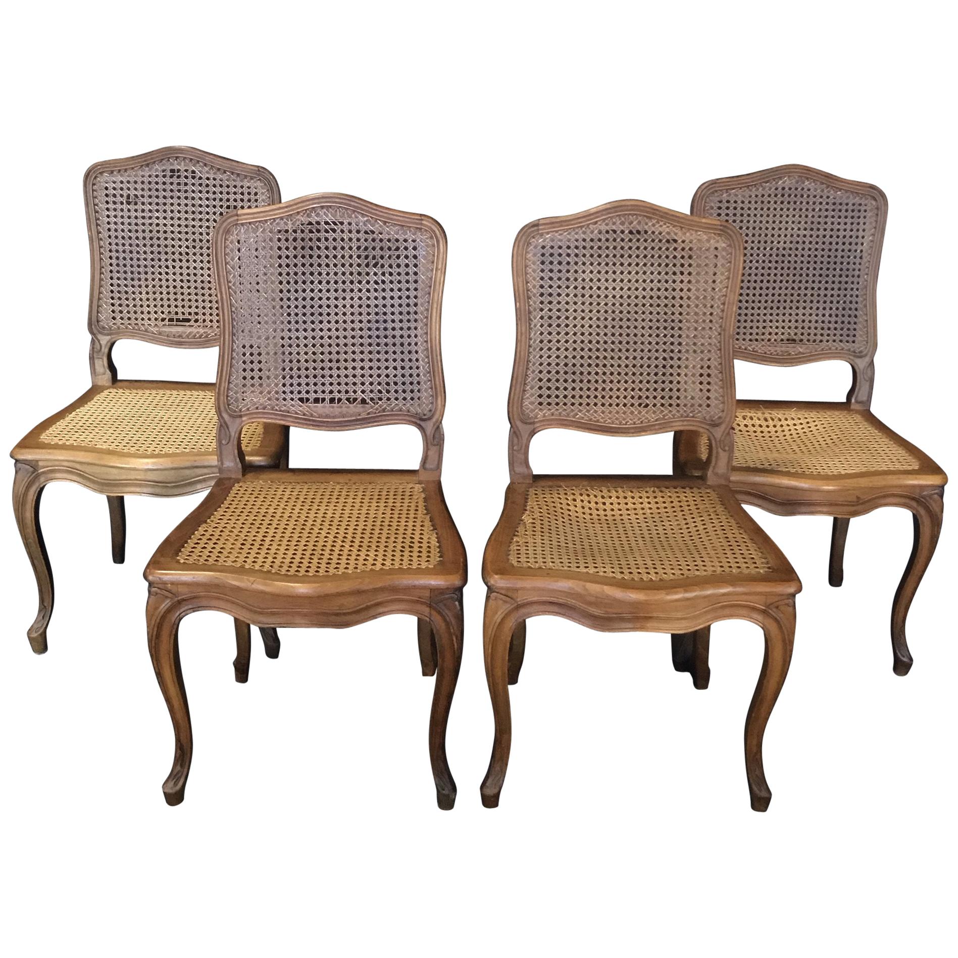 Set of 4 Classic Caned French Provincial Louis XV Style Walnut Dining Chairs