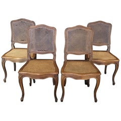 Set of 4 Classic Caned French Provincial Louis XV Style Walnut Dining Chairs