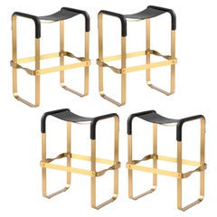 Set di 4 sgabelli da banco Classic Contemporary, metallo ottone invecchiato e pelle nera
