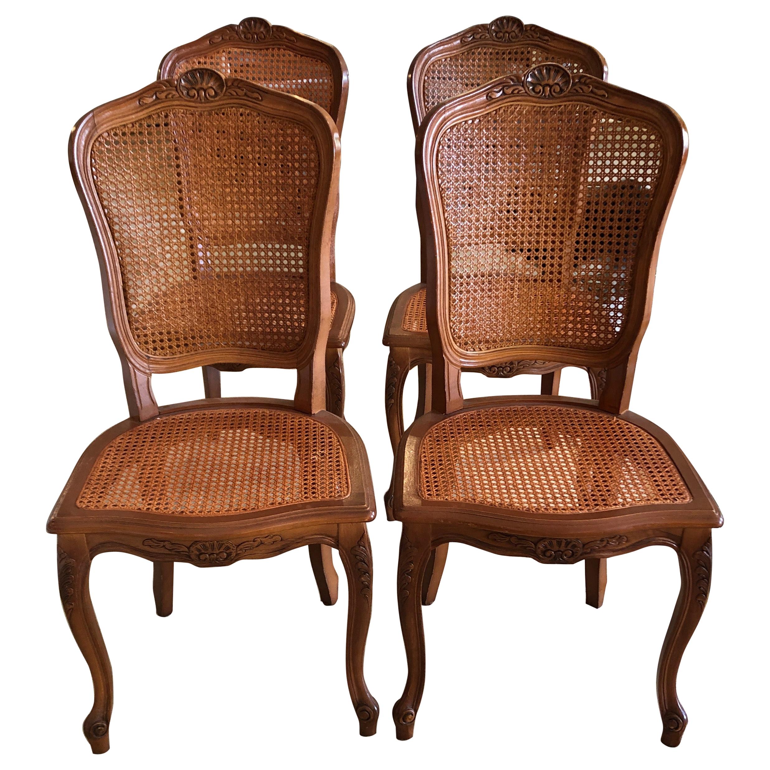 Set of 4 Classic French Style Caned and Wood Side Dining Chairs