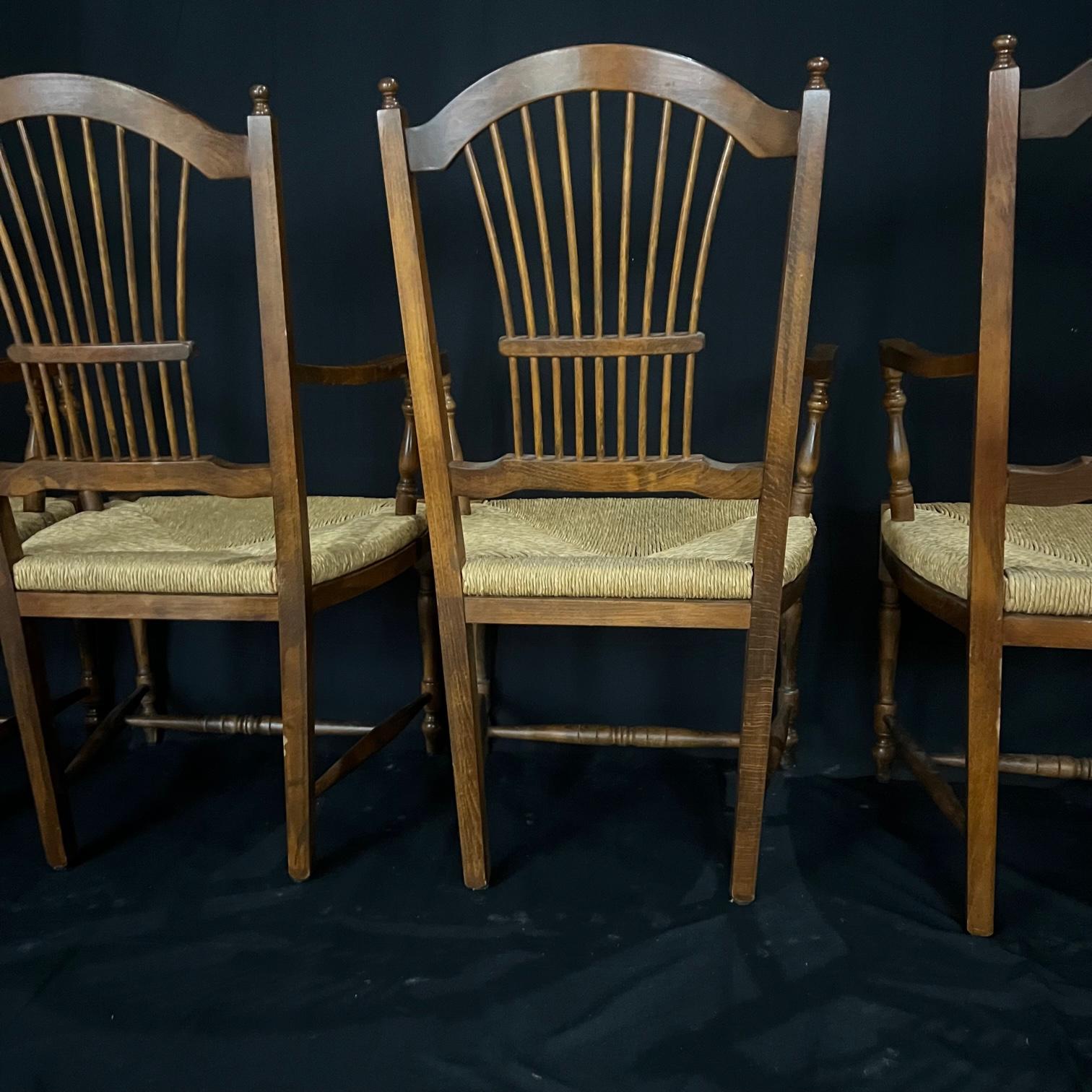 Set of 4 Classic Rush Seat Spindle Back Italian Walnut Dining Chairs For Sale 6