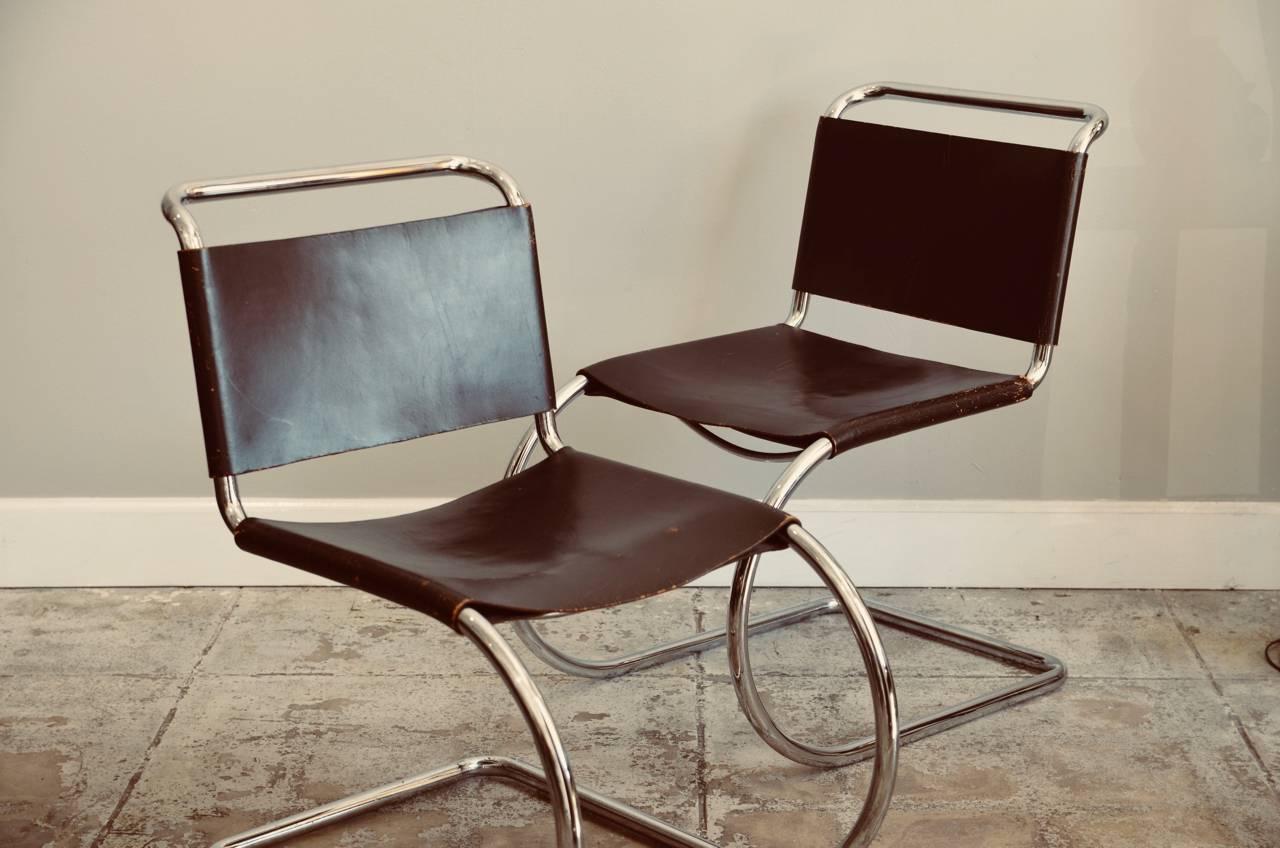 Set of Four Classic Thick Leather and Chrome MR Chairs by Mies van der Rohe 1