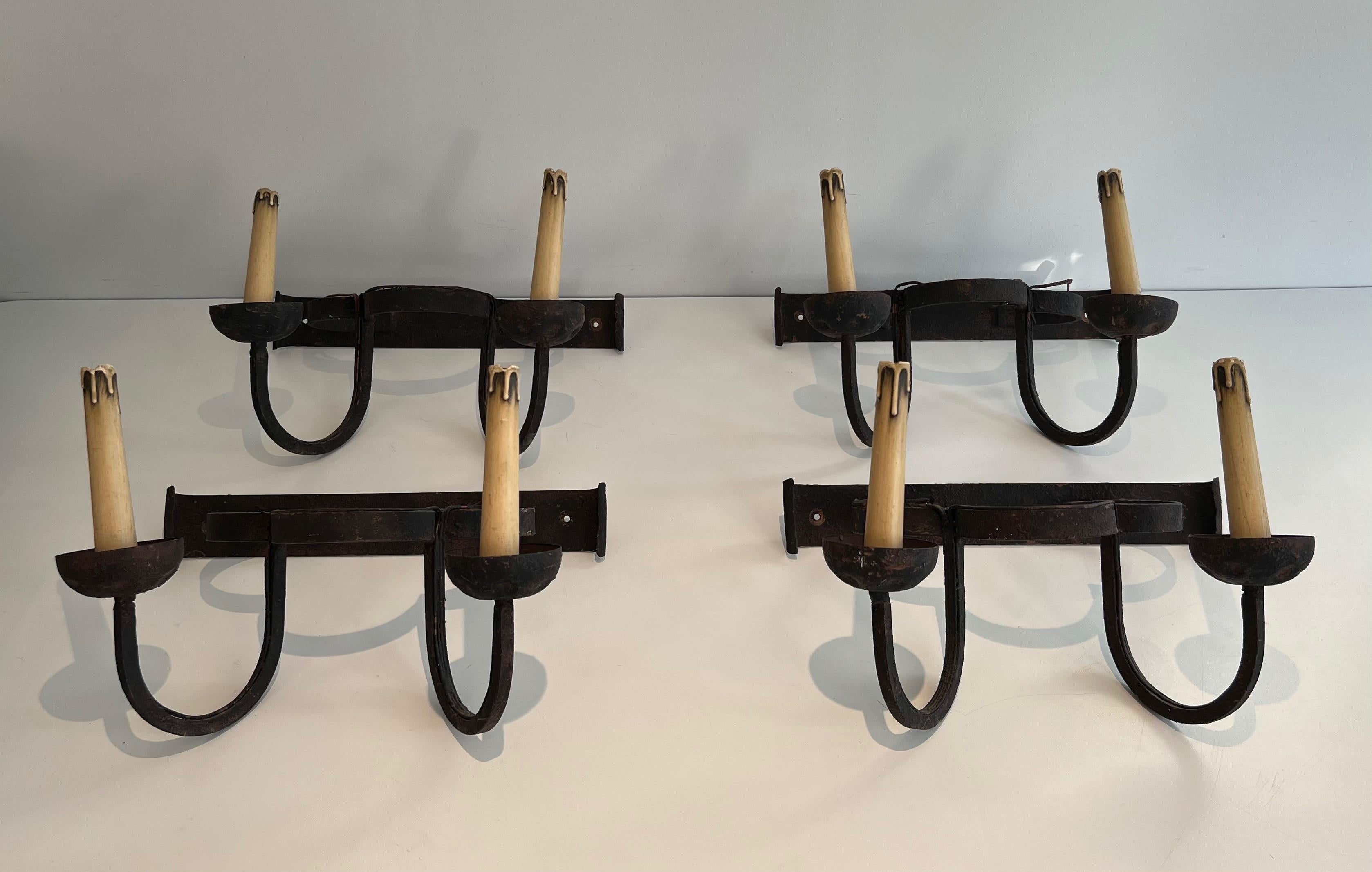 Set of 4 clover wrought iron wall lights. French work. Circa 1950 For Sale 5