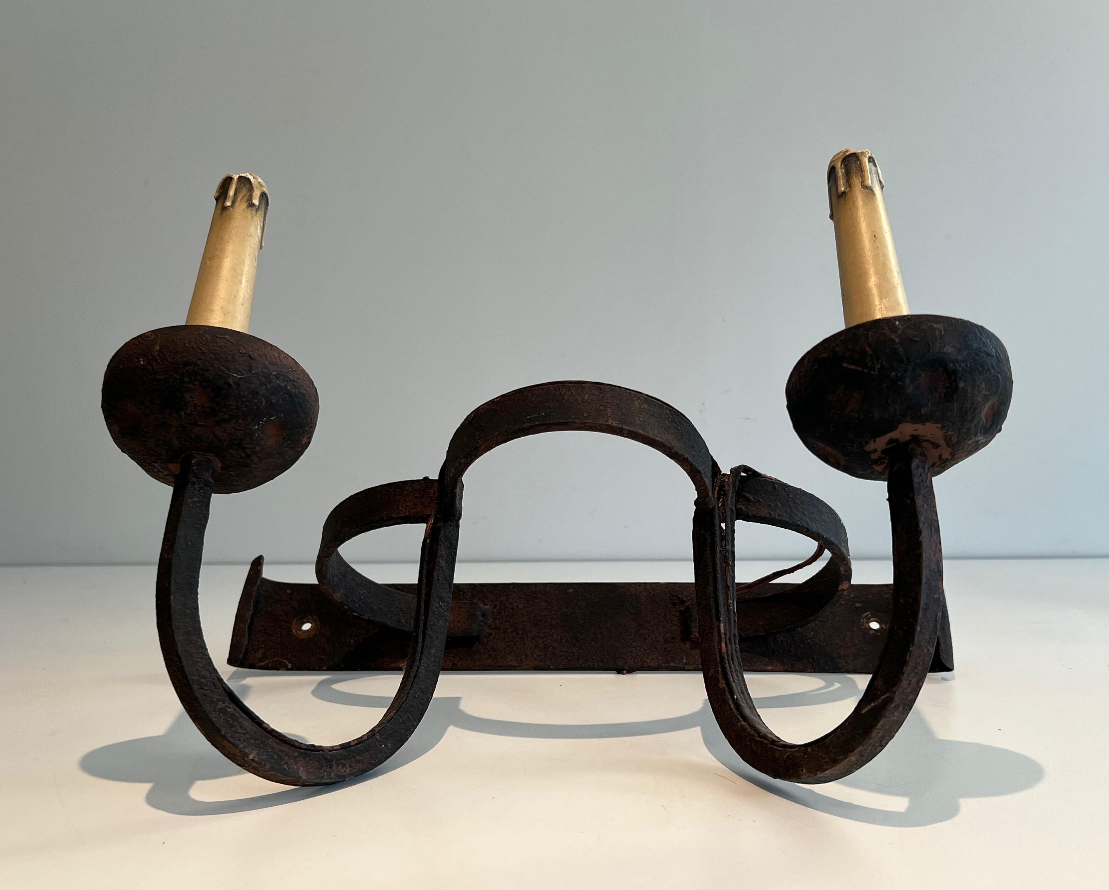 Set of 4 clover wrought iron wall lights. French work. Circa 1950 For Sale 1