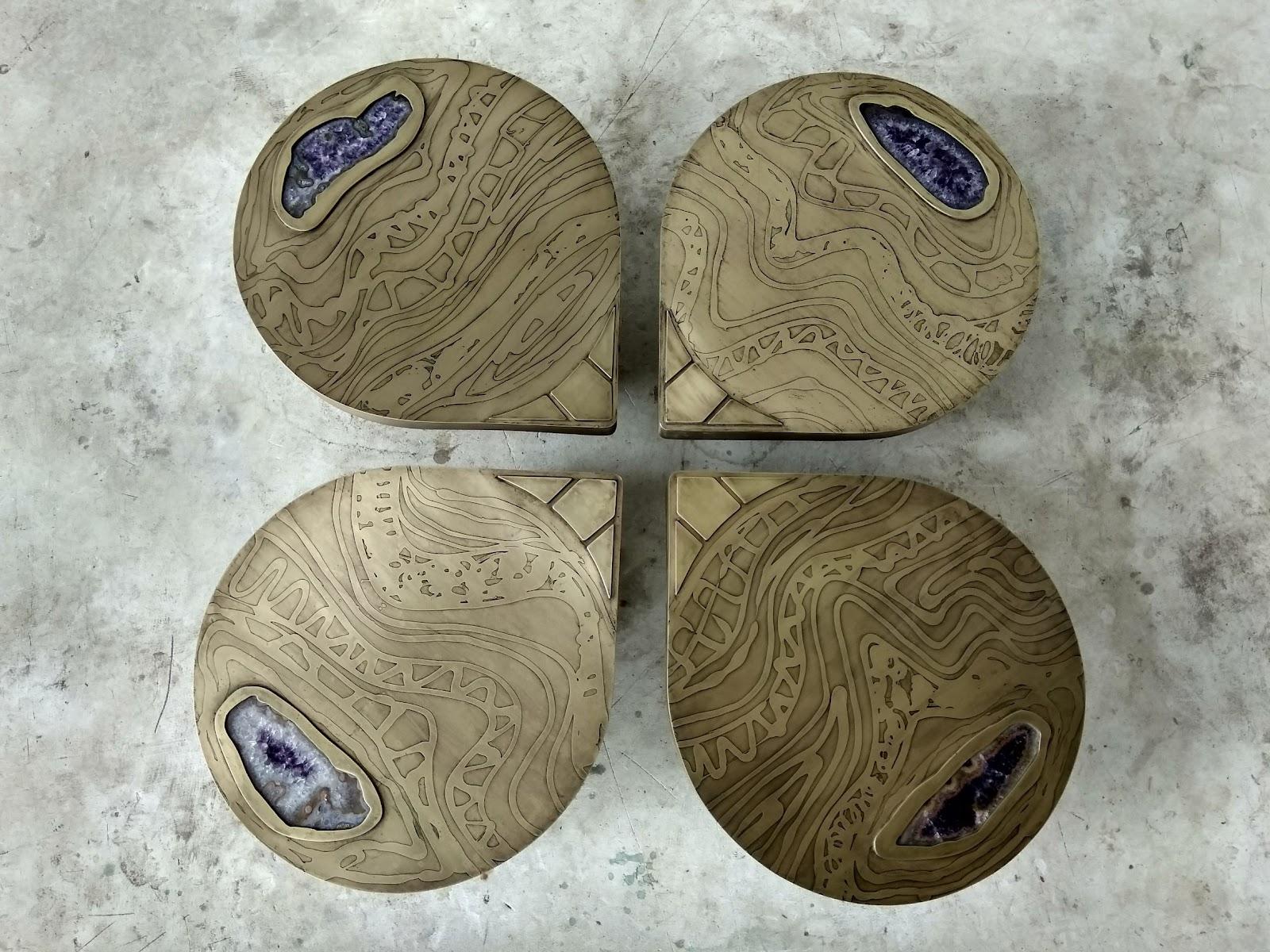 Set Of 4 Cloves Brass Coffee Tables by Brutalist Be
One Of A Kind
Dimensions: D 40 cm x W 48 x H 32 cm (each).
Materials: Brass and amethyst stone.

Also available in copper and in matte, glossy or black-patinated finishes. Please contact us.