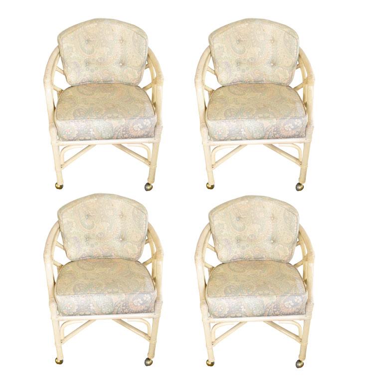 American Chippendale Chinoiserie Regency Bamboo and Rattan Arm Chairs by Ficks Reed Set 4