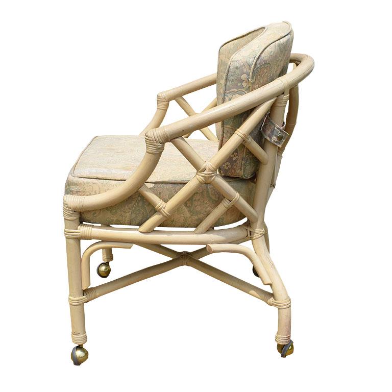 20th Century Chippendale Chinoiserie Regency Bamboo and Rattan Arm Chairs by Ficks Reed Set 4 For Sale