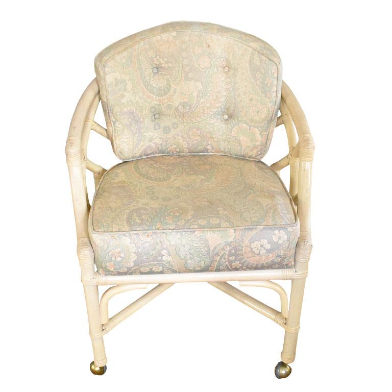Brass Chippendale Chinoiserie Regency Bamboo and Rattan Arm Chairs by Ficks Reed Set 4 For Sale