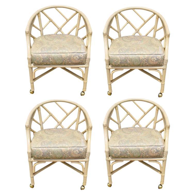 Set of 4 Coastal Chinoiserie Regency Bamboo and Rattan Arm Chairs by Ficks Reed