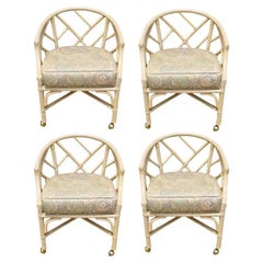 Chippendale Chinoiserie Regency Bamboo and Rattan Arm Chairs by Ficks Reed Set 4
