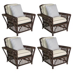 Set of 4 Coastal Stick Rattan Lounge Chairs by Bielicky Brothers, Late 30Th C.