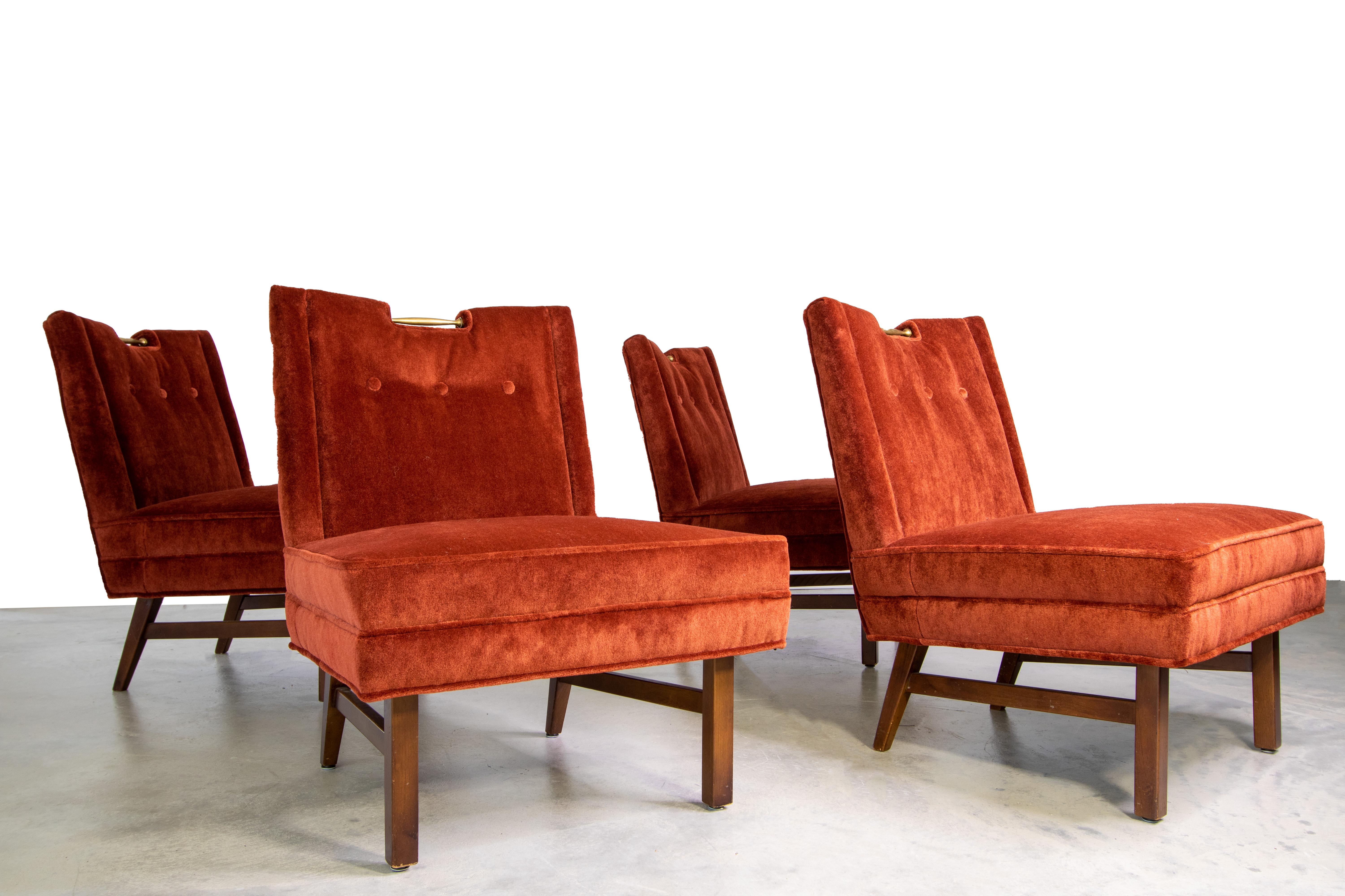 Mid-Century Modern Set of 4 Cocktail Slipper Chairs in Mohair with Brass Handles by Merton Gershun