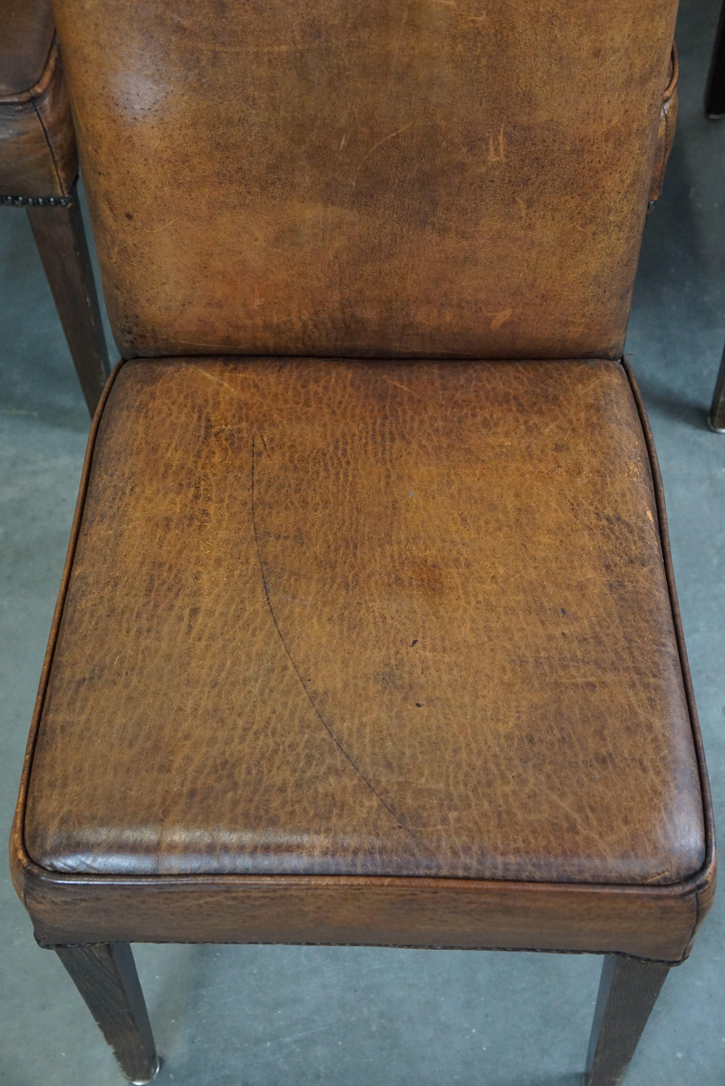 Set of 4 cognac-colored sheep leather dining chairs with a beautiful patina For Sale 1