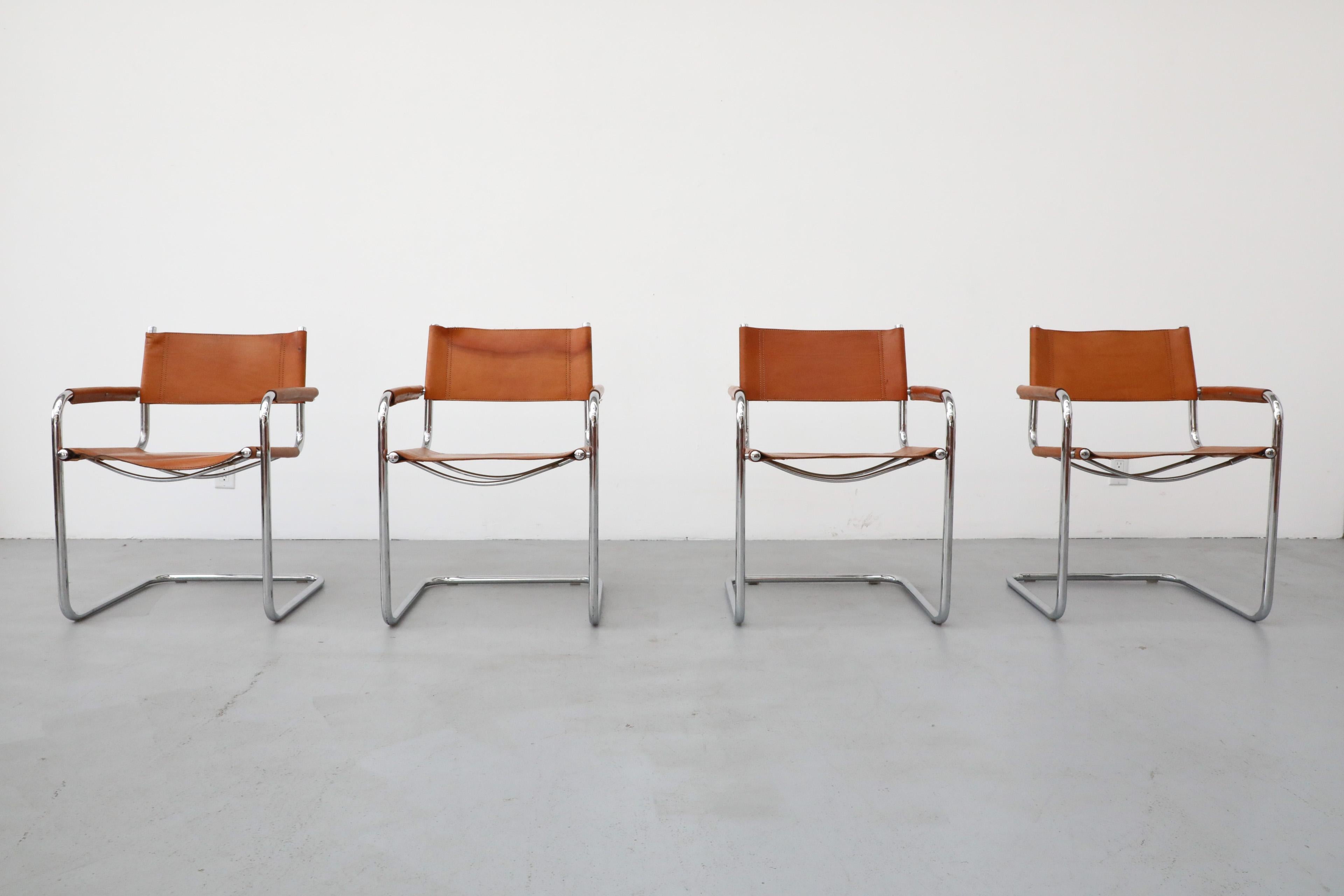 Set of 4 leather chairs by Mart Stam for Thonet, 1926. These cantilever armchairs have chrome frames and leather arms, backs and seats. In original condition with visible wear, including heavy patina consistent with their age and use. Sold as a set
