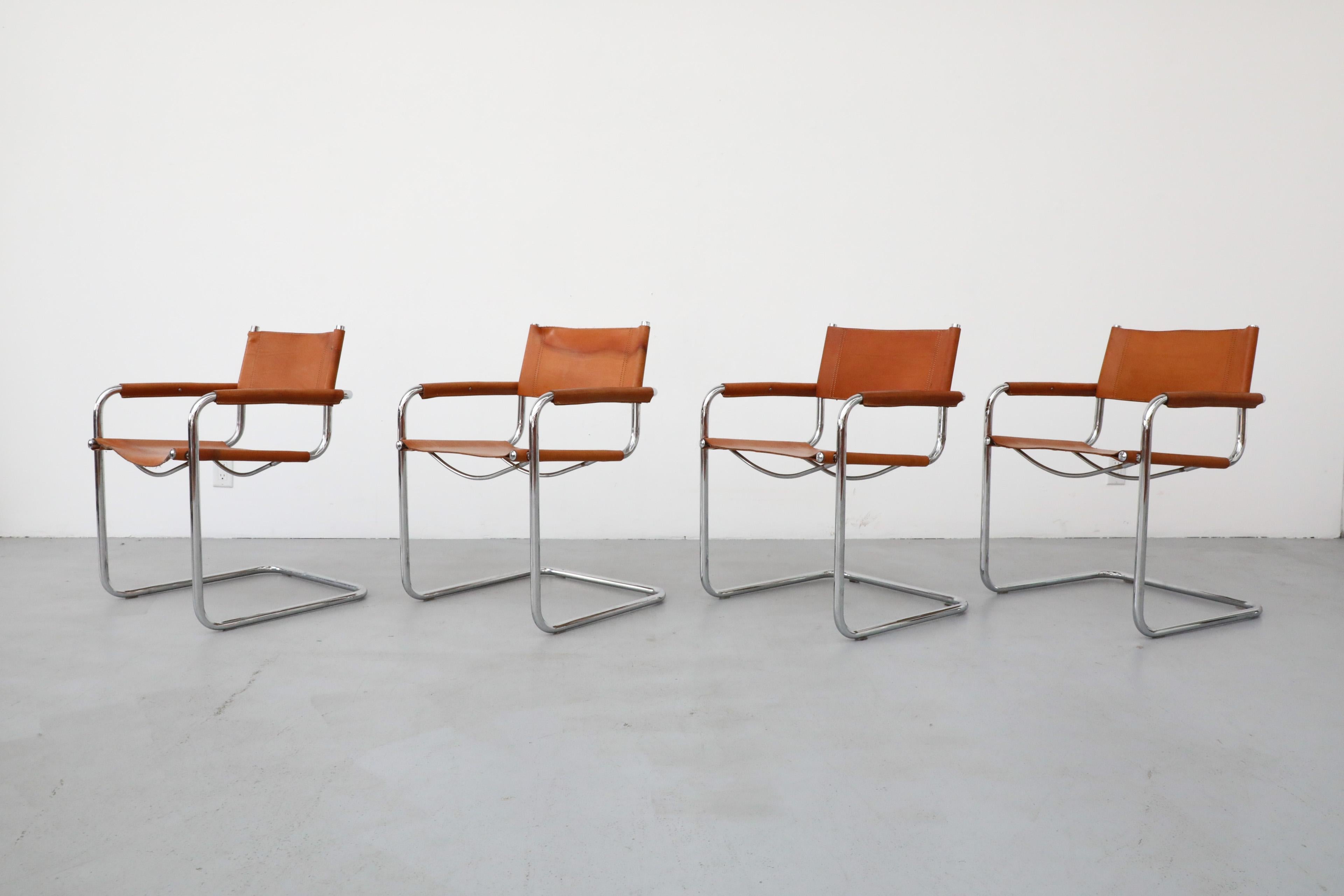 Bauhaus Set of 4 Cognac Leather and Chrome Armchairs by Mart Stam for Thonet, 1926