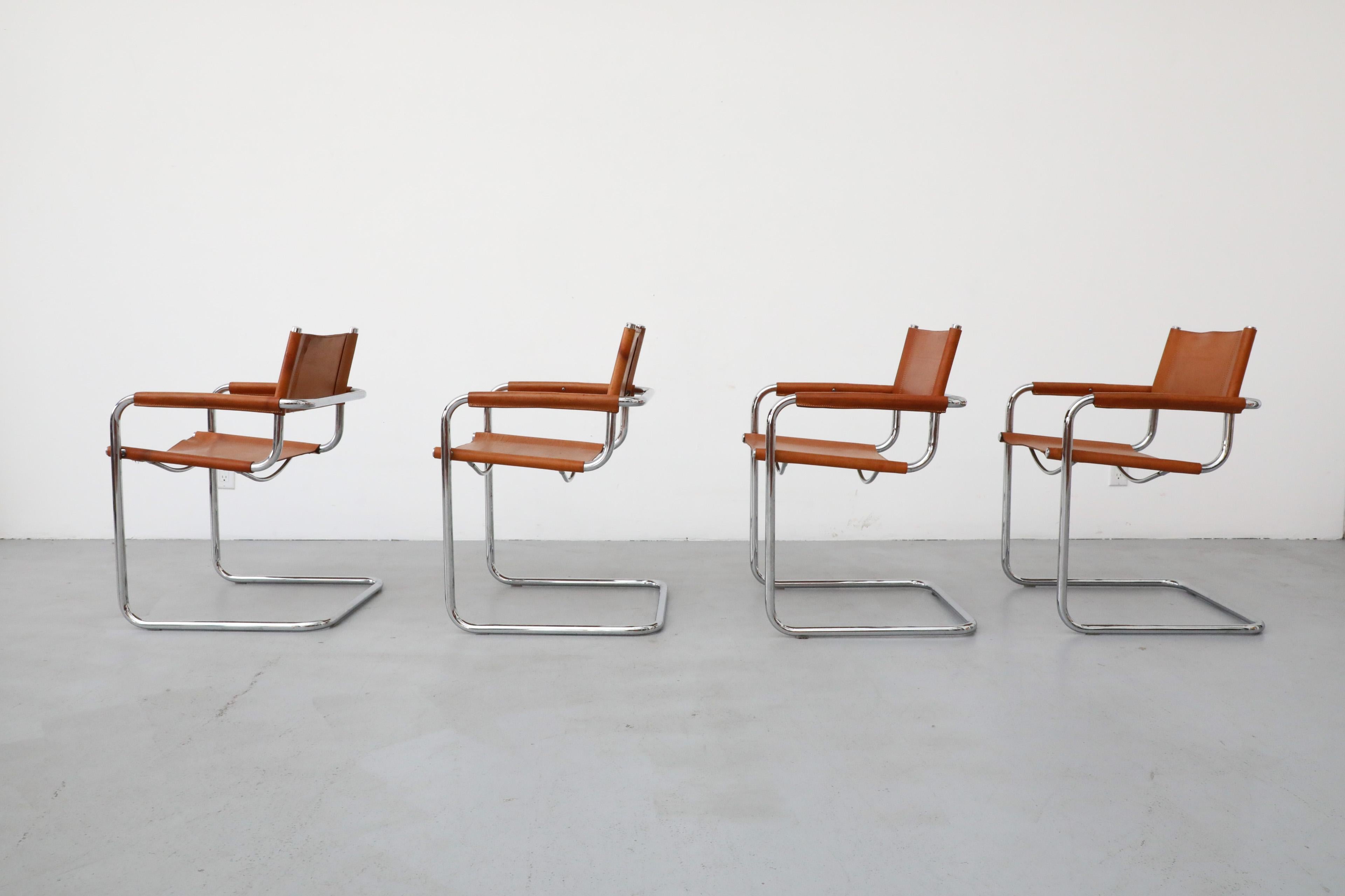 German Set of 4 Cognac Leather and Chrome Armchairs by Mart Stam for Thonet, 1926