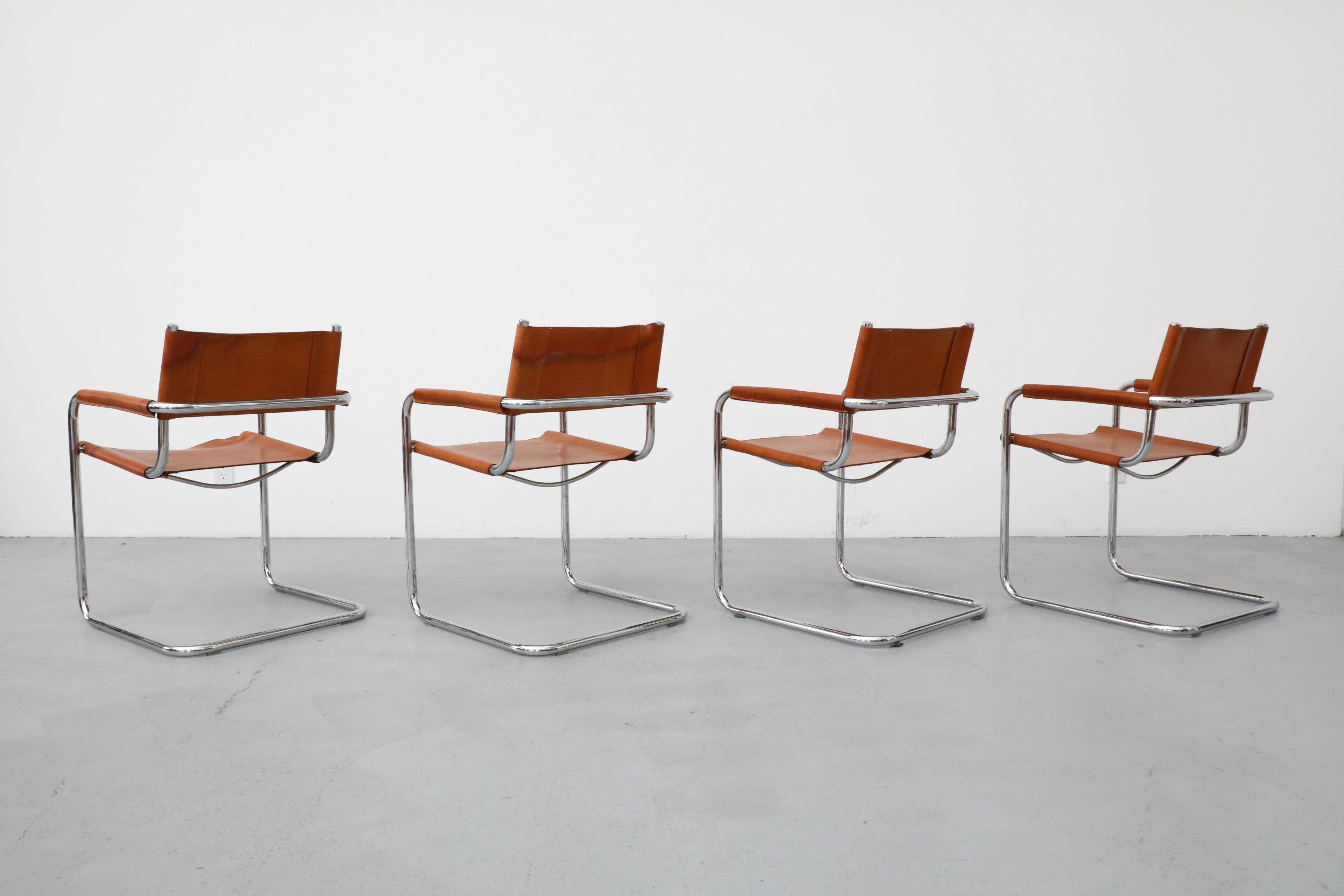 Set of 4 Cognac Leather and Chrome Armchairs by Mart Stam for Thonet, 1926 In Good Condition In Los Angeles, CA