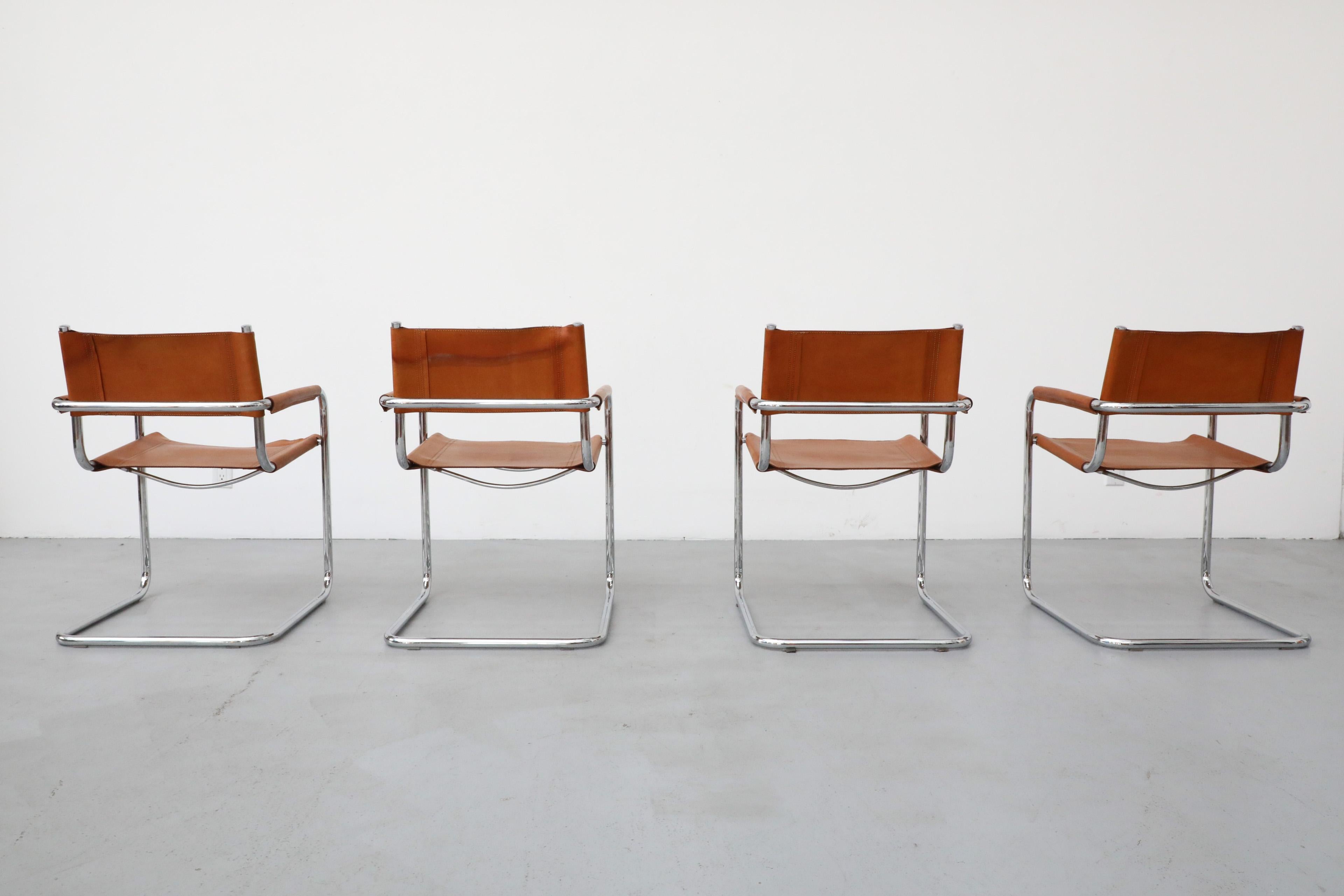 20th Century Set of 4 Cognac Leather and Chrome Armchairs by Mart Stam for Thonet, 1926