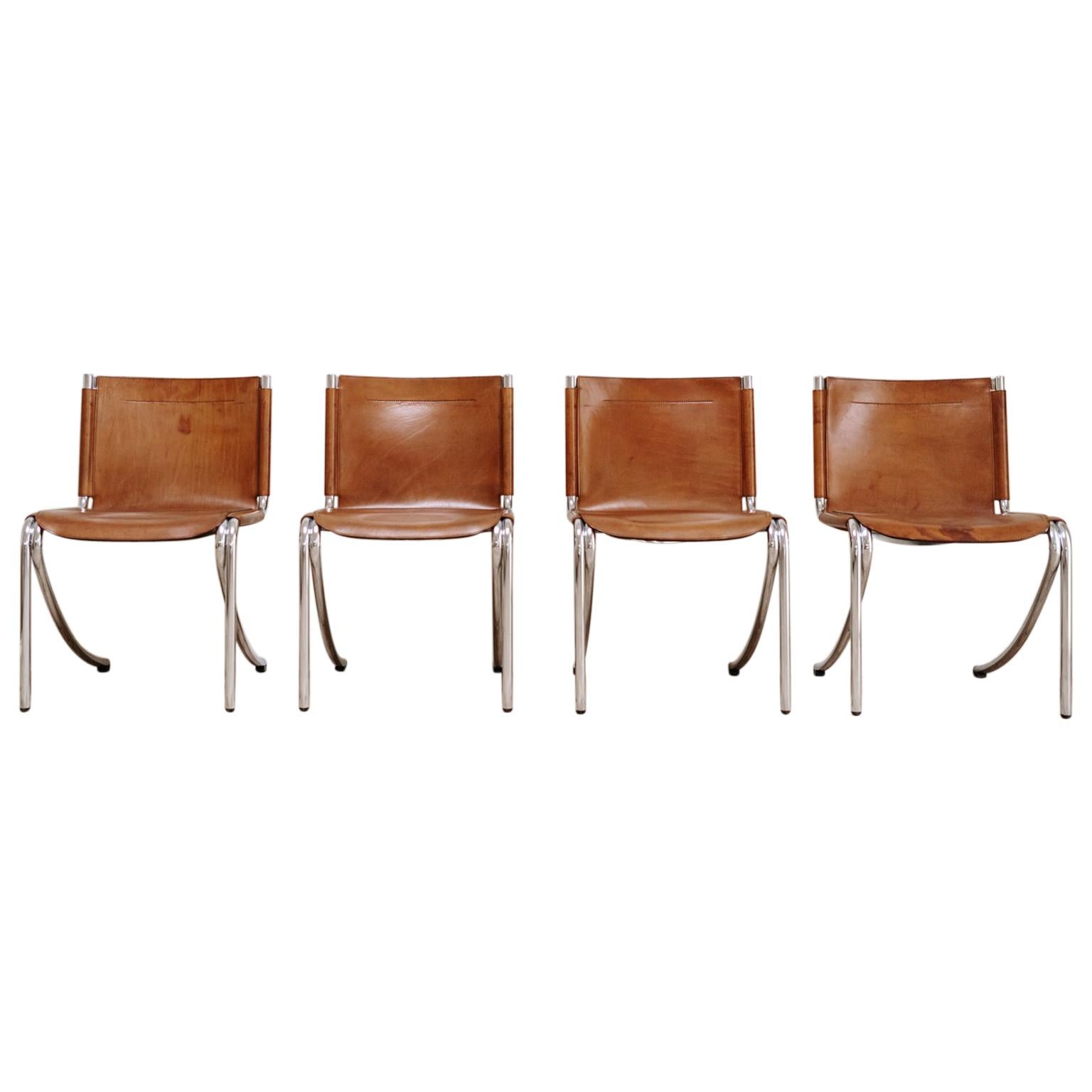 Set of 4 Cognac Leather and Steel Giotto Stoppino, "Jot" Chairs