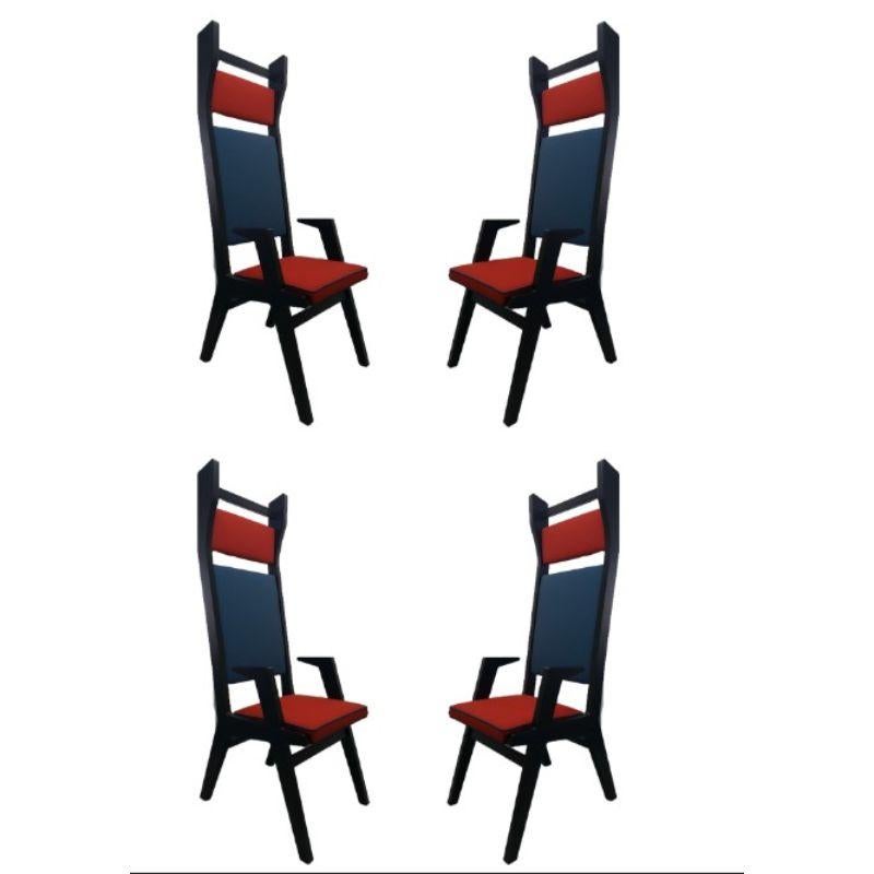4er Set, Colette Sessel, rot - blau - rot von Colé Italia mit Lorenza Bozzoli
( Maßgeschneidertes Produkt )
Abmessungen: H.157 T.66,5 B.55 cm
MATERIALIEN: Sessel mit hoher Rückenlehne, Struktur aus schwarz lackiertem MDF; Sitz und Rückenlehne