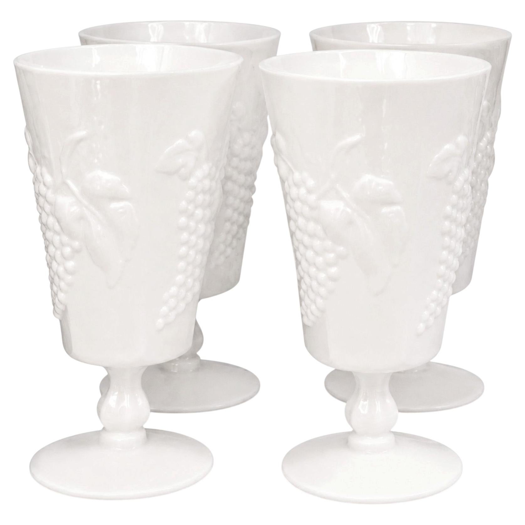 Set of 4 Colony Harvest Milk Glass Stemmed Goblets by Indiana Glass For Sale