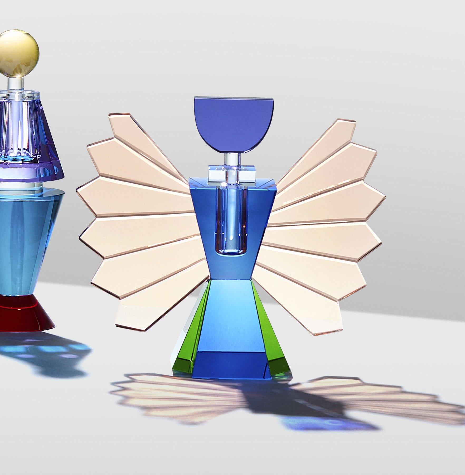 Post-Modern Set of 4 Colorful Crystal Perfume Flacons, Hand-Sculpted Contemporary Crystal For Sale