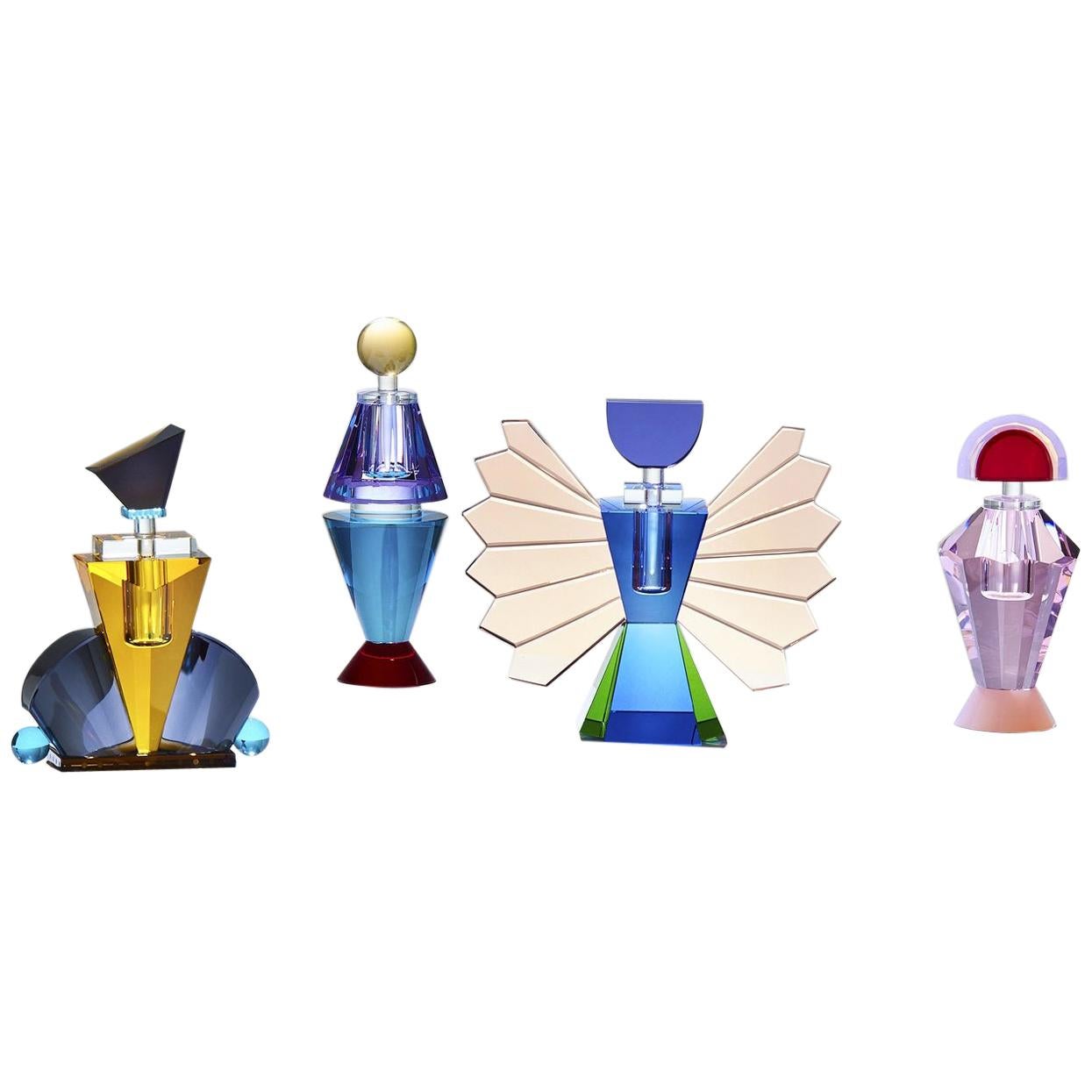 Set of 4 Colorful Crystal Perfume Flacons, Hand-Sculpted Contemporary Crystal For Sale