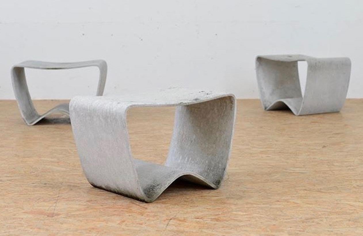 Rare set of 4 concrete stools by Ludwig Walter for Eternit. Sometimes attributed to Willy Guhl. Same timeframe and factory, different designer. Seldom seen for sale. Excellent condition. Very clean patina to each stool Perfect outdoor seating or