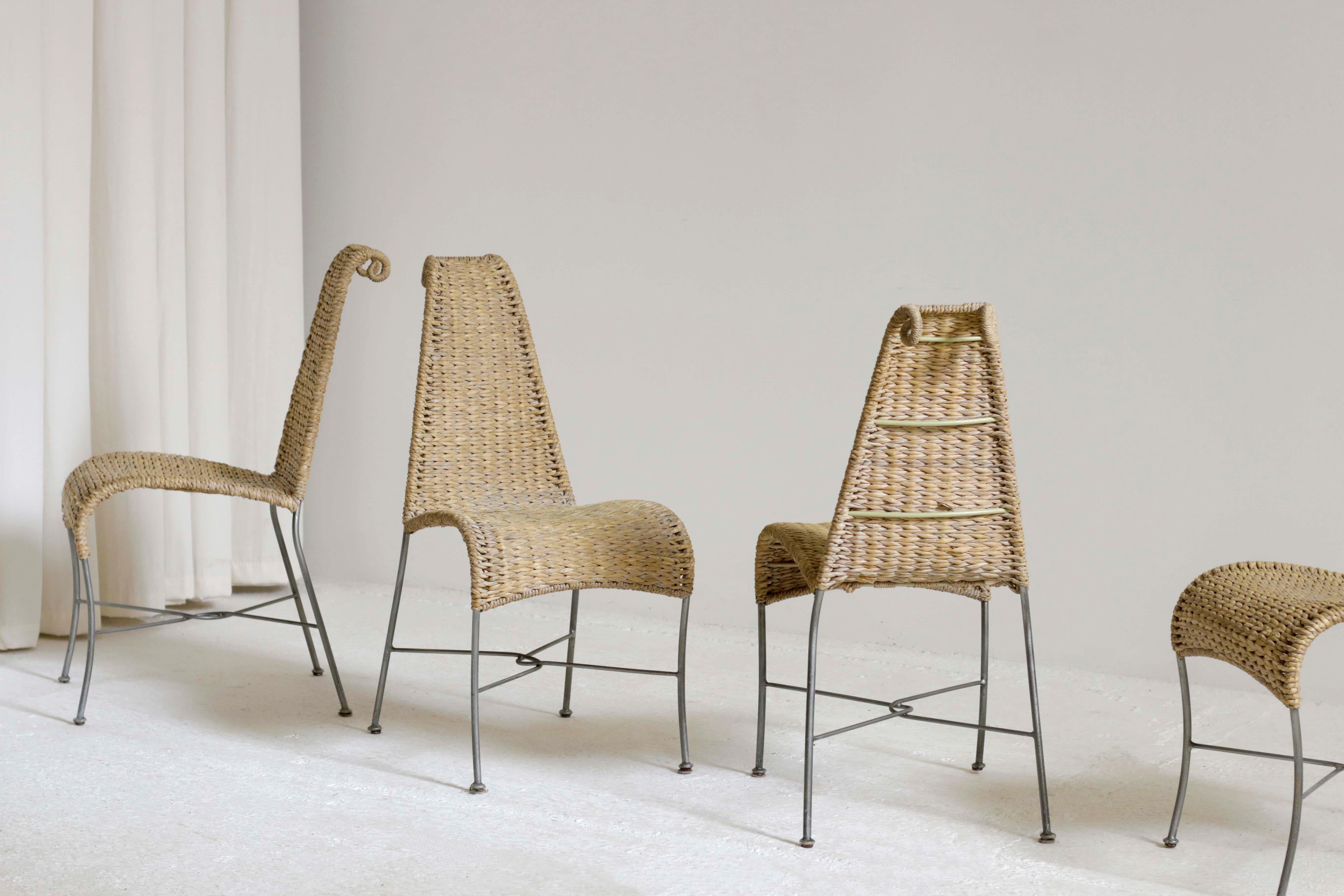 Set of 4 woven seagrass chairs with rams horn details. Lovely shape and good solid condition for age. Purchased from The Conran Shop circa 1990’s.

Dimensions: H87cm W40cm D50cm SH45cm.