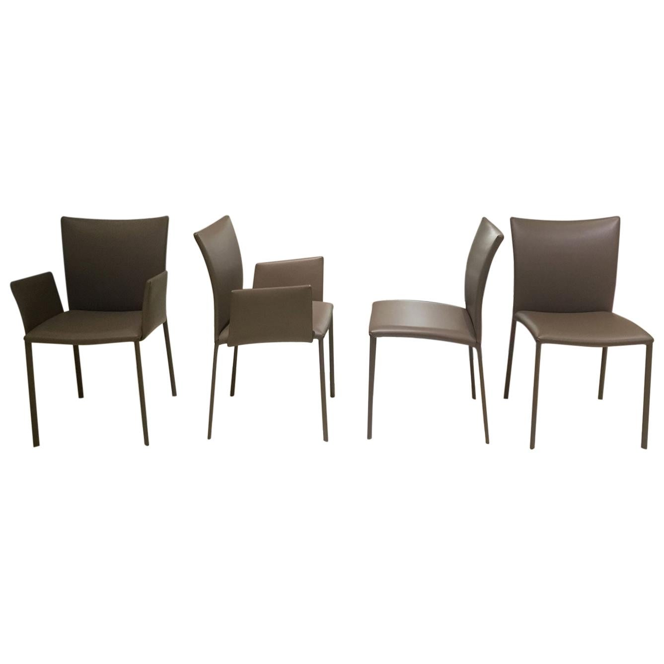 Set of 4 Contemporary Armchair and Armless Beige Brown Leather Dining Chairs
