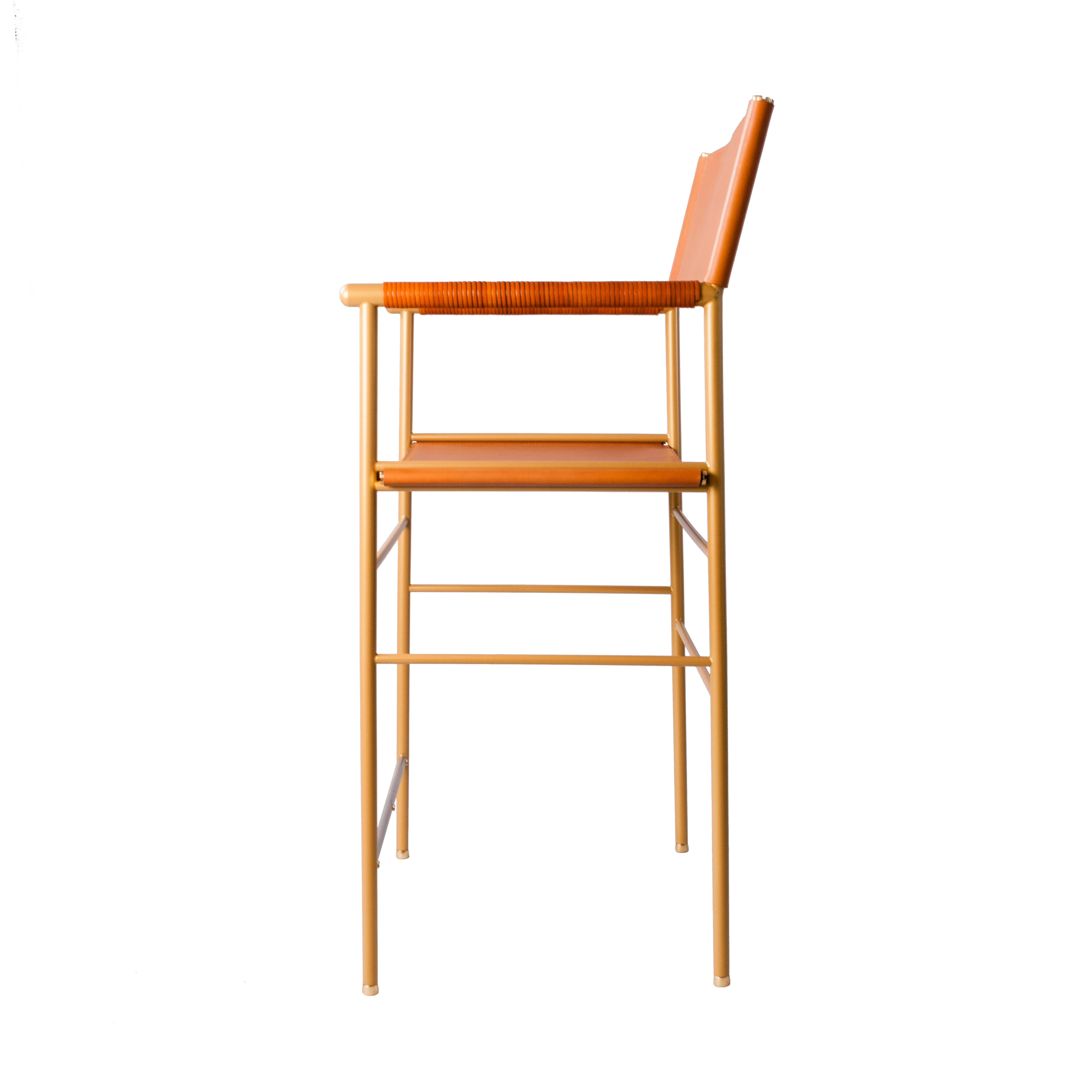 Ensemble de 4 tabourets de bar contemporains avec dossier en cuir cognac et métal en caoutchouc noir en vente 6