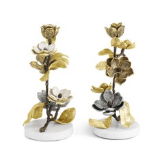 Set of 4 Contemporary Gold and Silver Metal Floral Candleholders