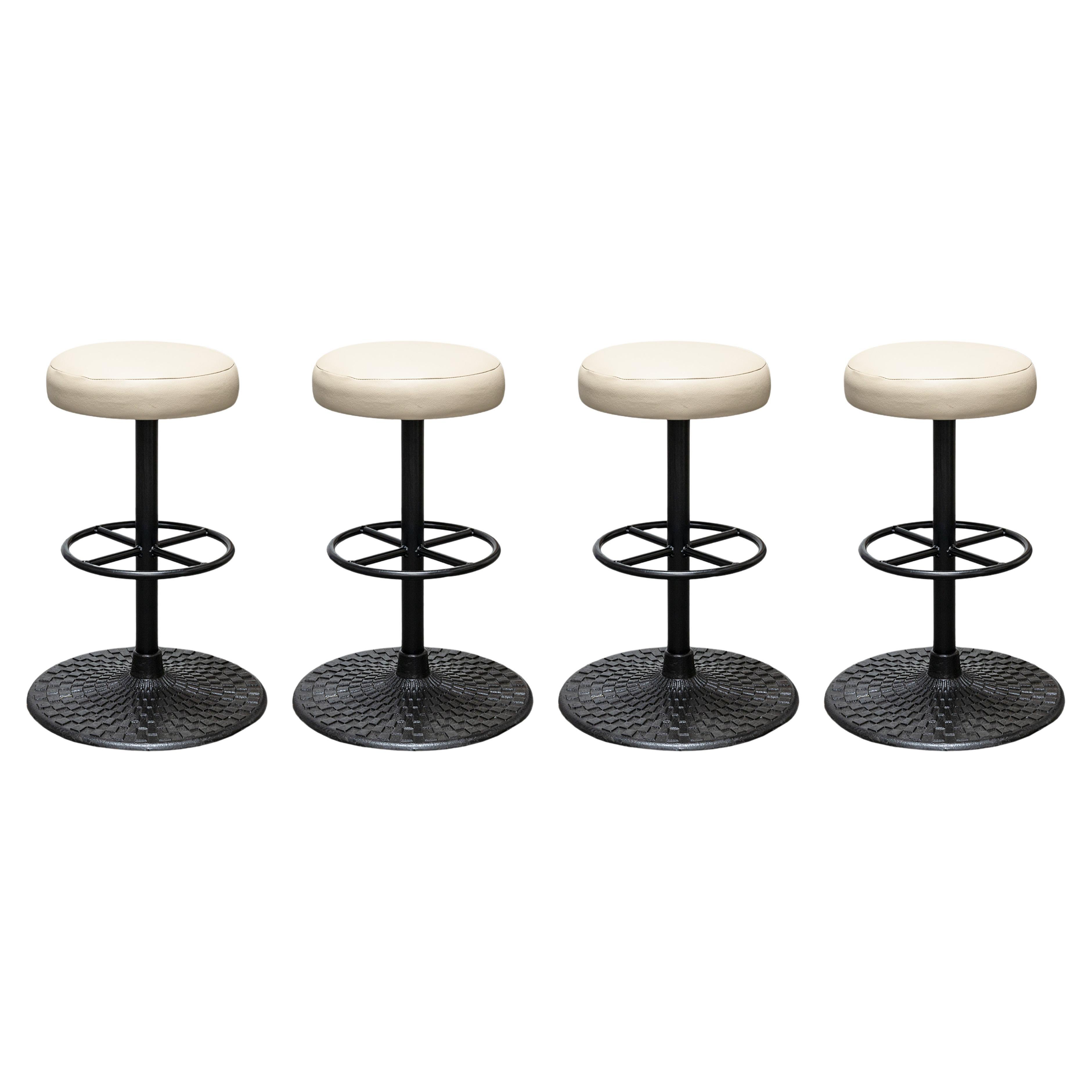Set of 4 Contemporary Modern Cream Seat and Black Textured Metal Barstools For Sale