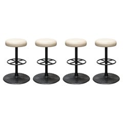 Vintage Set of 4 Contemporary Modern Cream Seat and Black Textured Metal Barstools