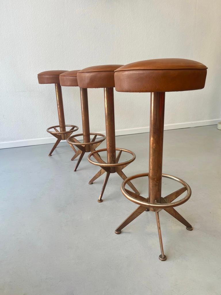 Set of 4 Copper & Leather Modernist Barstools ca. 1950s For Sale 4