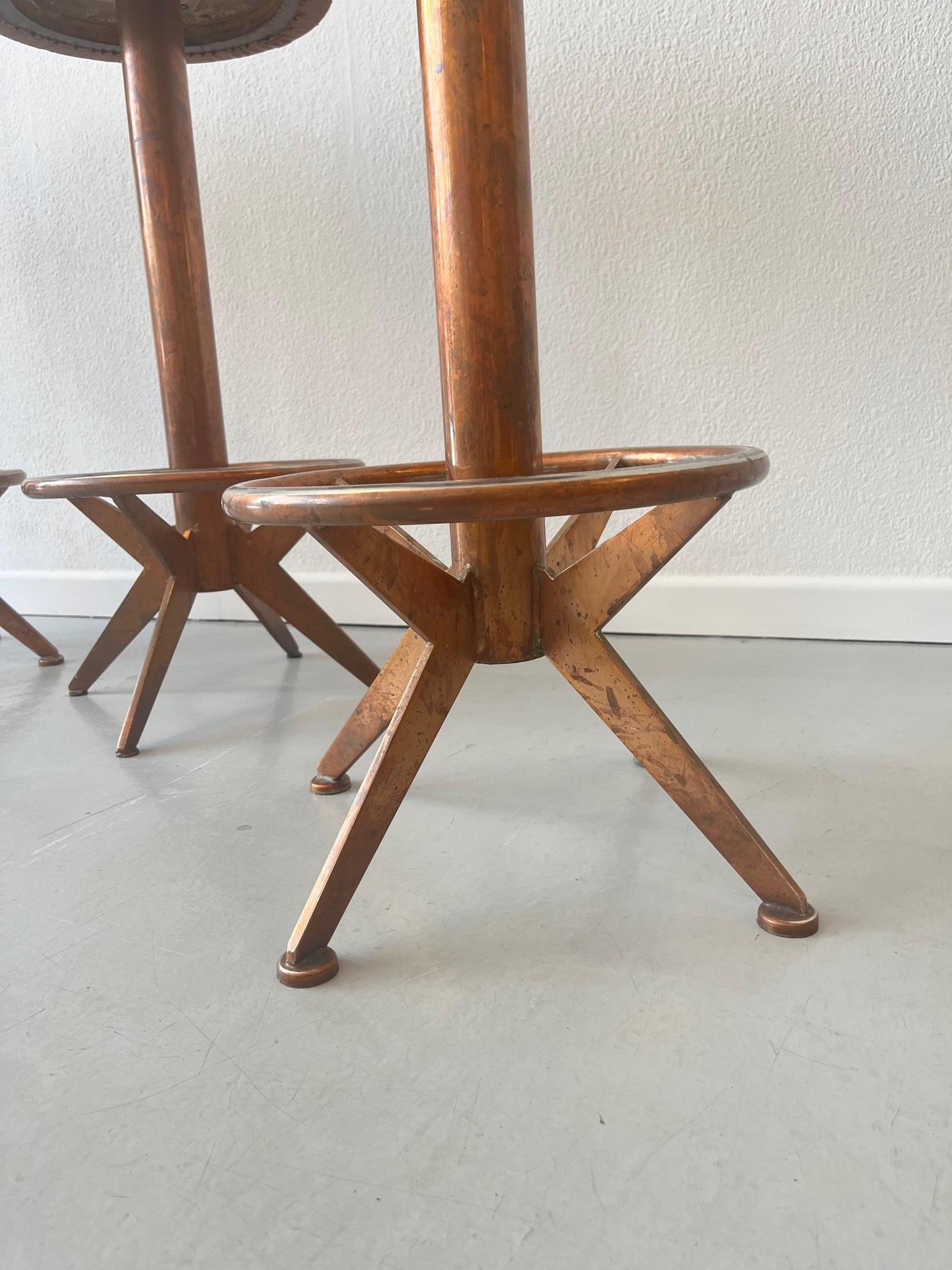 European Set of 4 Copper & Leather Modernist Barstools ca. 1950s For Sale